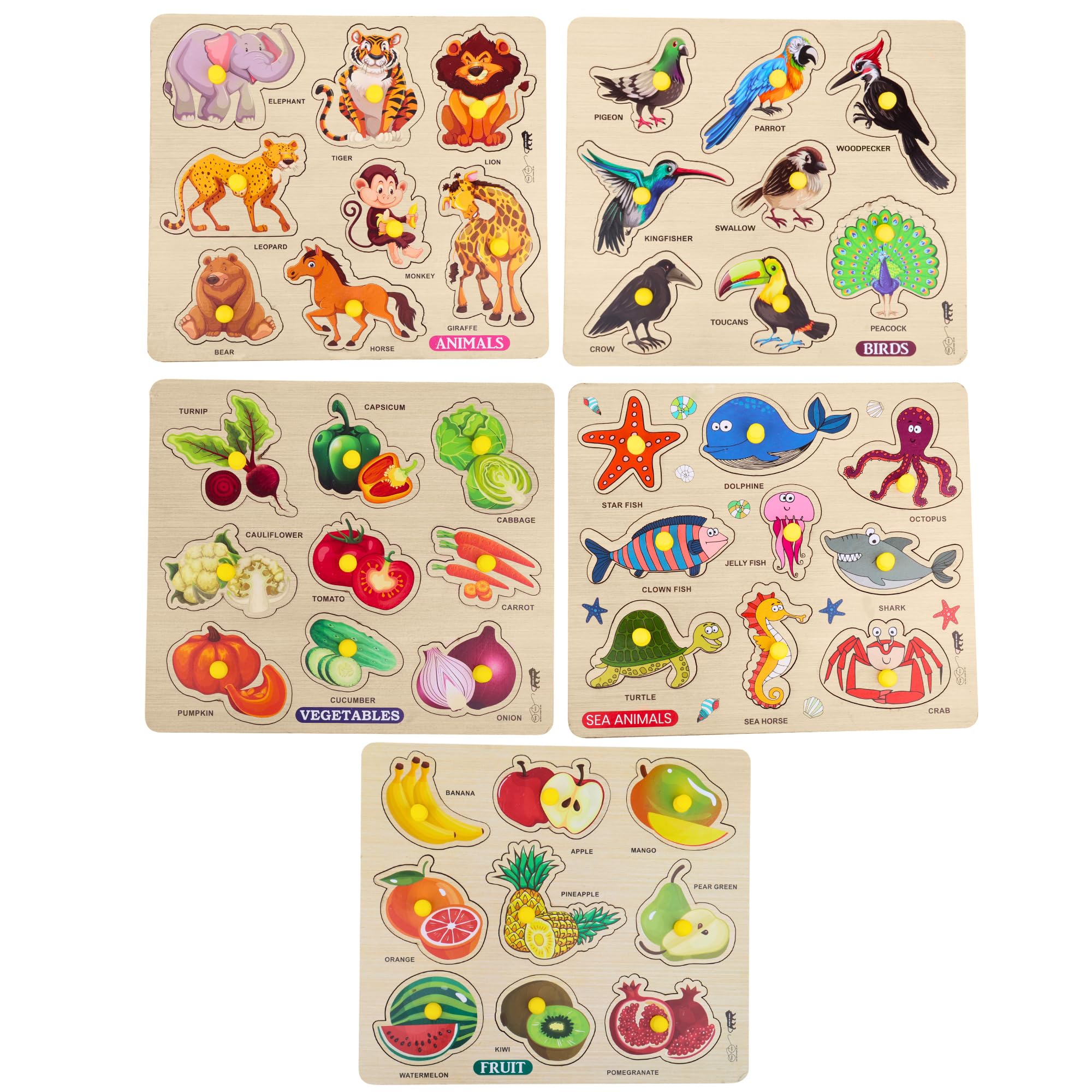 APPSTER Animal, Fruits, Vegetables, Birds & Sea Animals Wooden Puzzle Toy for Kids | Jigsaw Puzzle Board Game | Early Learning Educational Toys for Toddlers & Adults (Pack of 5)