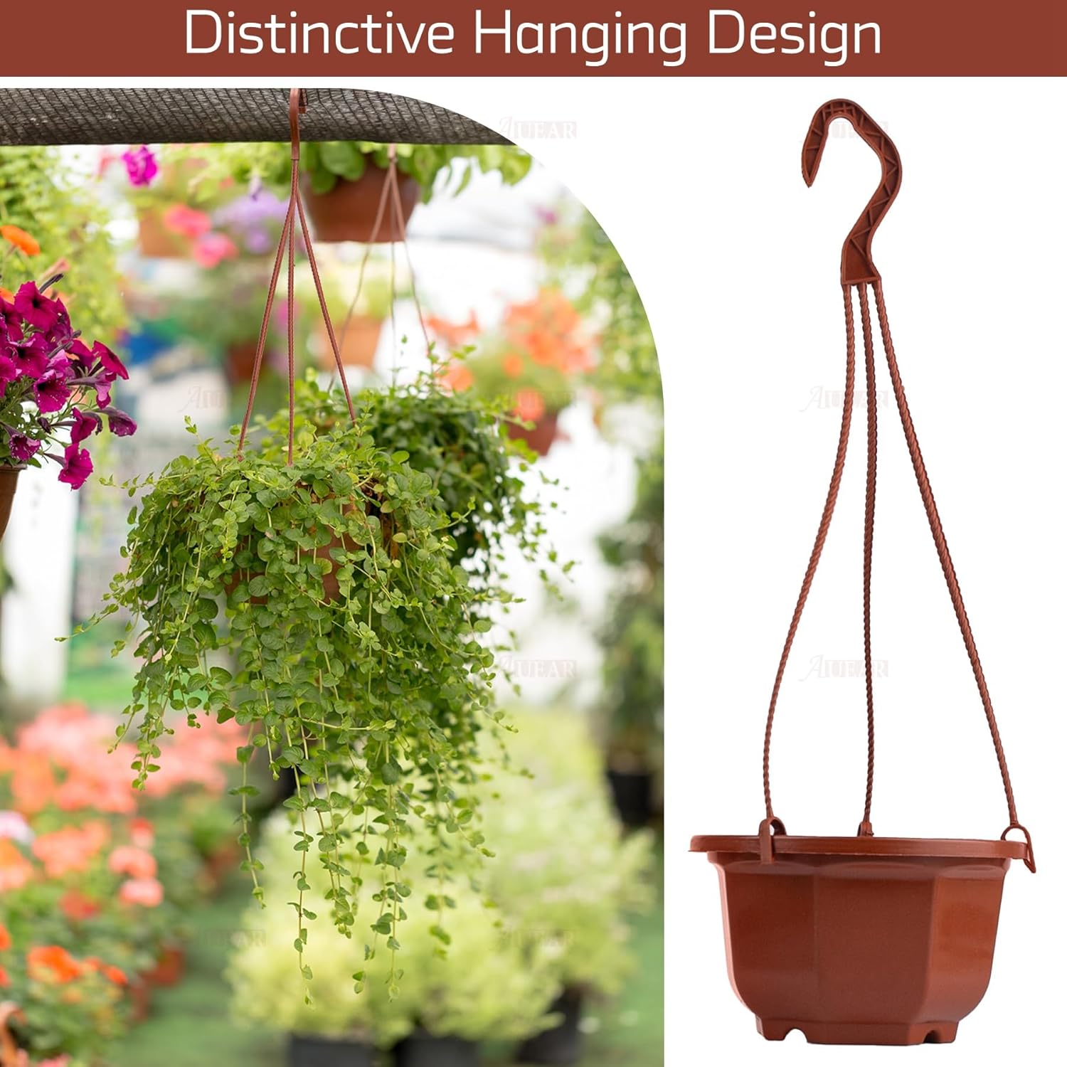 AUEAR, 50 Pack Plastic Hanging Plant Pots Containers Outdoor Indoor Planters with Drainage Holes Hooks Brown