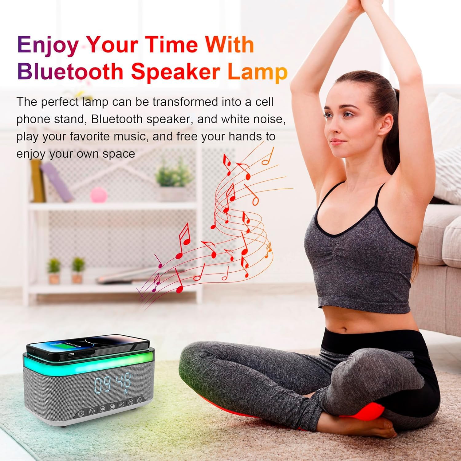 Lampe de Charge sans Fil, Reveil Chargeur Induction, Enceinte Bluetooth avec éclairage d'ambiance synchronisé avec la Musique, Réveil numérique,pour Chambre/Camping/décor de Salon