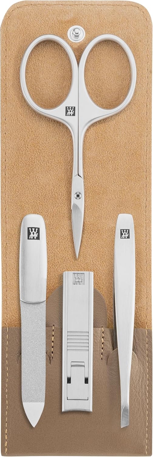 ZWILLING Beauty TWINOX 5-pc Manicure and Pedicure Cowhide Leather Case with Snap Closure, Nail Care Kit, Premium Travel Nail Kit, Taupe