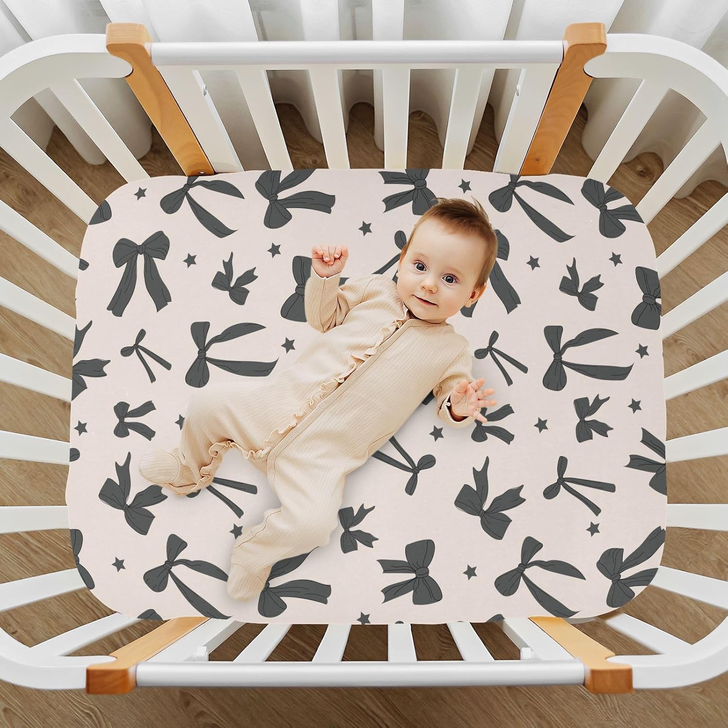 Baby Crib Sheets Black Cute Bow Crib Sheets for Boys Girls,Neutral Bassinet Toddler Bed Play Sheets Breathable Soft and Portable 52 * 28 * 9in