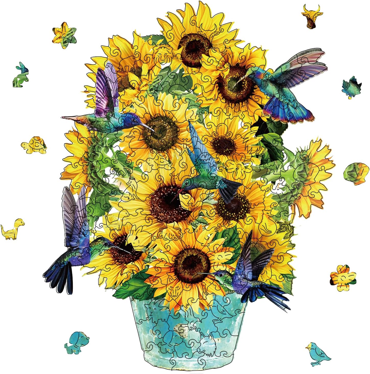 GLOBLELAND 200Pcs Sunflower Wooden Jigsaw Puzzles for Adults 14.2x11.2inch Hummingbird Wooden Puzzles Colorful Unique Animal Shaped Wood Puzzle for Holidays Birthday Gift