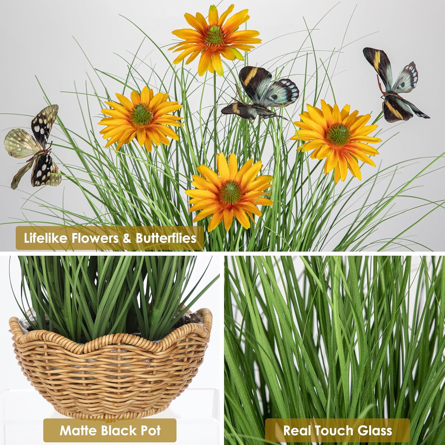 Artificial Plants Indoor with Pot, 17.3" Fake Potted Plants Artificial Onion Grass Plant with White Daisies Flowers and Butterflies Small Faux Plant Indoor for Home Living Room Table Shelf Decor