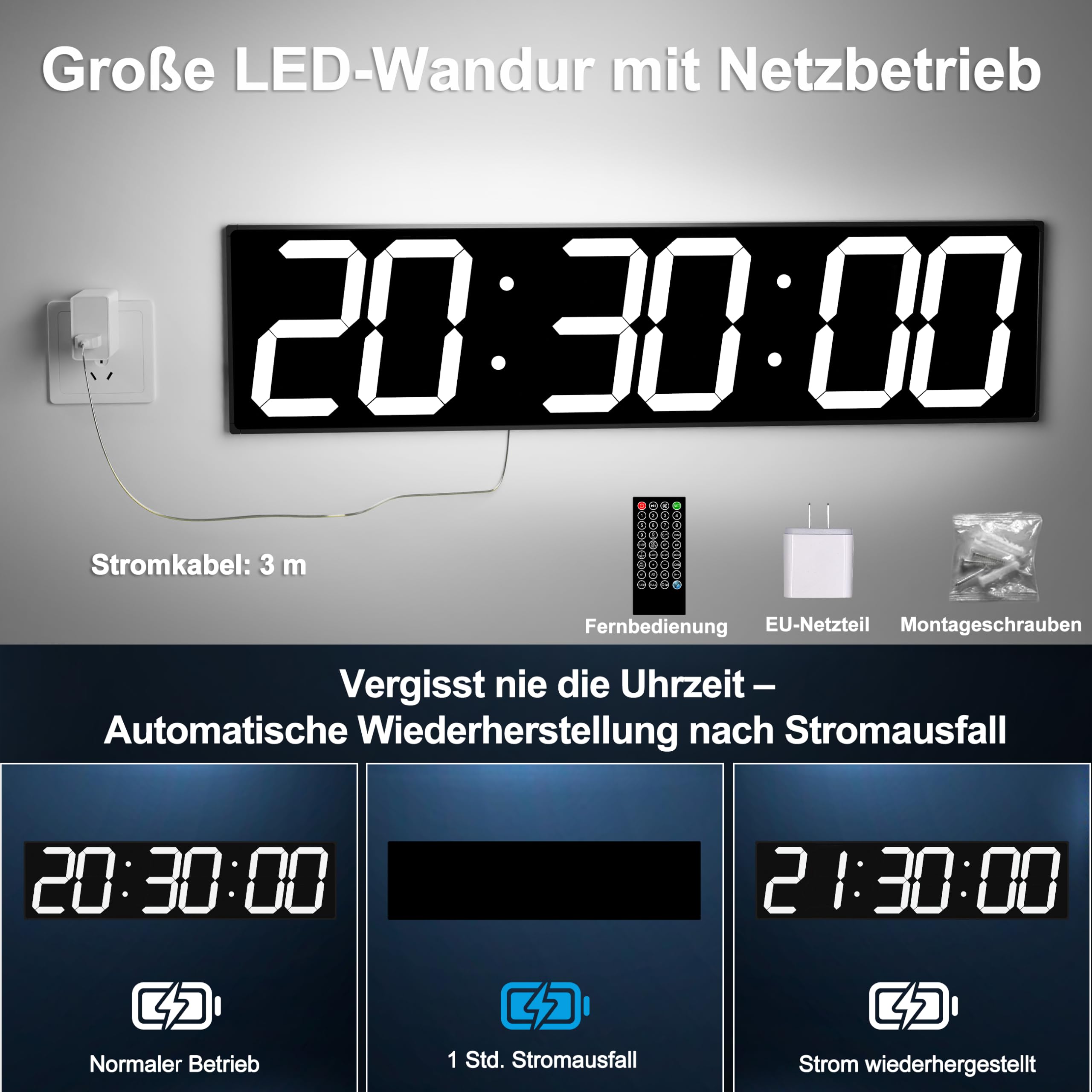 CHKOSDA Orologio da parete digitale da 28 pollici con sincronizzazione automatica GPS, numeri LED massicci da 15 cm, misurazione precisa del tempo, telecomando, timer, data e temperatura, per palestra