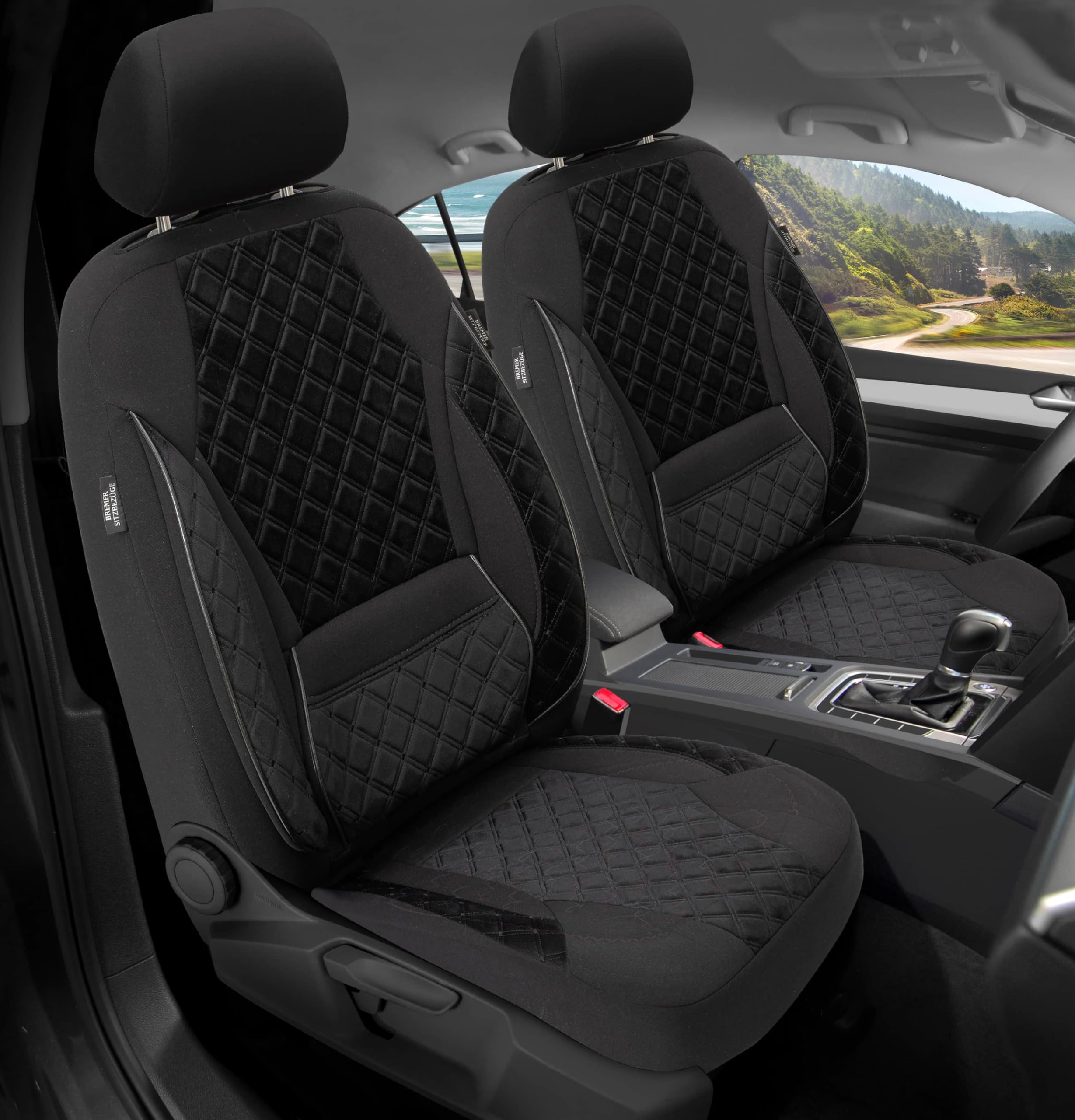 Autositzbezüge Universal für PKW, SUV – Premium Vordersitzbezüge Schwarz, hochwertig verarbeitet für mehr Sitzkomfort, Airbag-kompatibel, Schonbezüge für Fahrer & Beifahrersitz mit Rückentasche