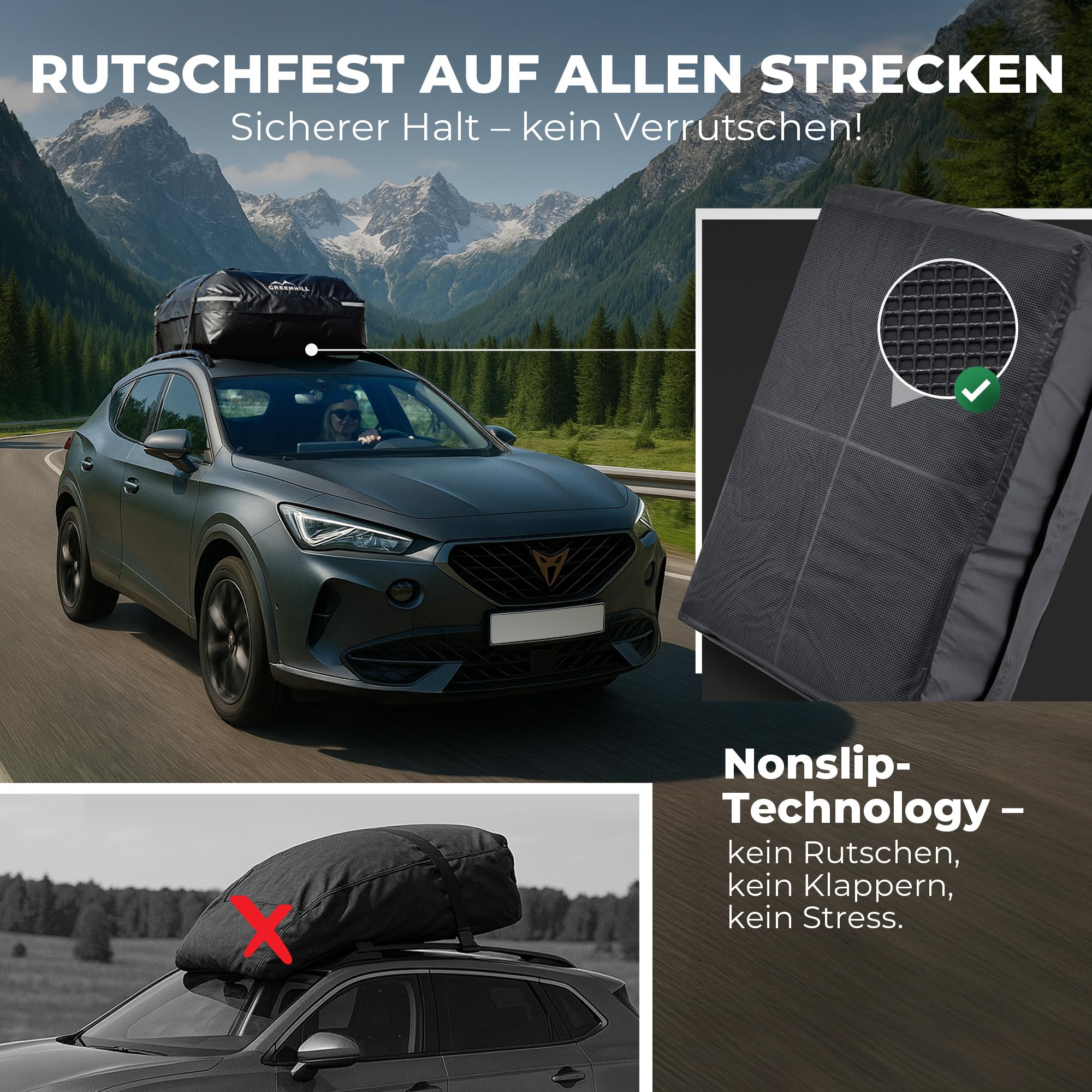 GREENHILL Auto Dachbox 410L Faltbar [Lackschonend], Dachgepäckträger wasserdicht, Dachtasche passend für alle Fahrzeuge