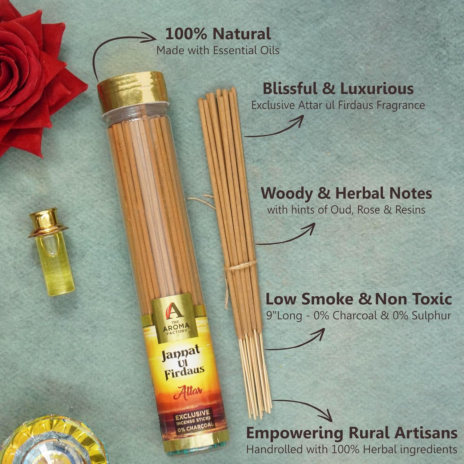 The Aroma Factory Organic Incense Sticks Aromatic Fragrances | Rose, Attar Jannat-ul-Firdaus, Oudh & Loban | No Charcoal, Scented Incense | Herbal Pooja Agarbatti | 4x100g Jute Bag Giftset