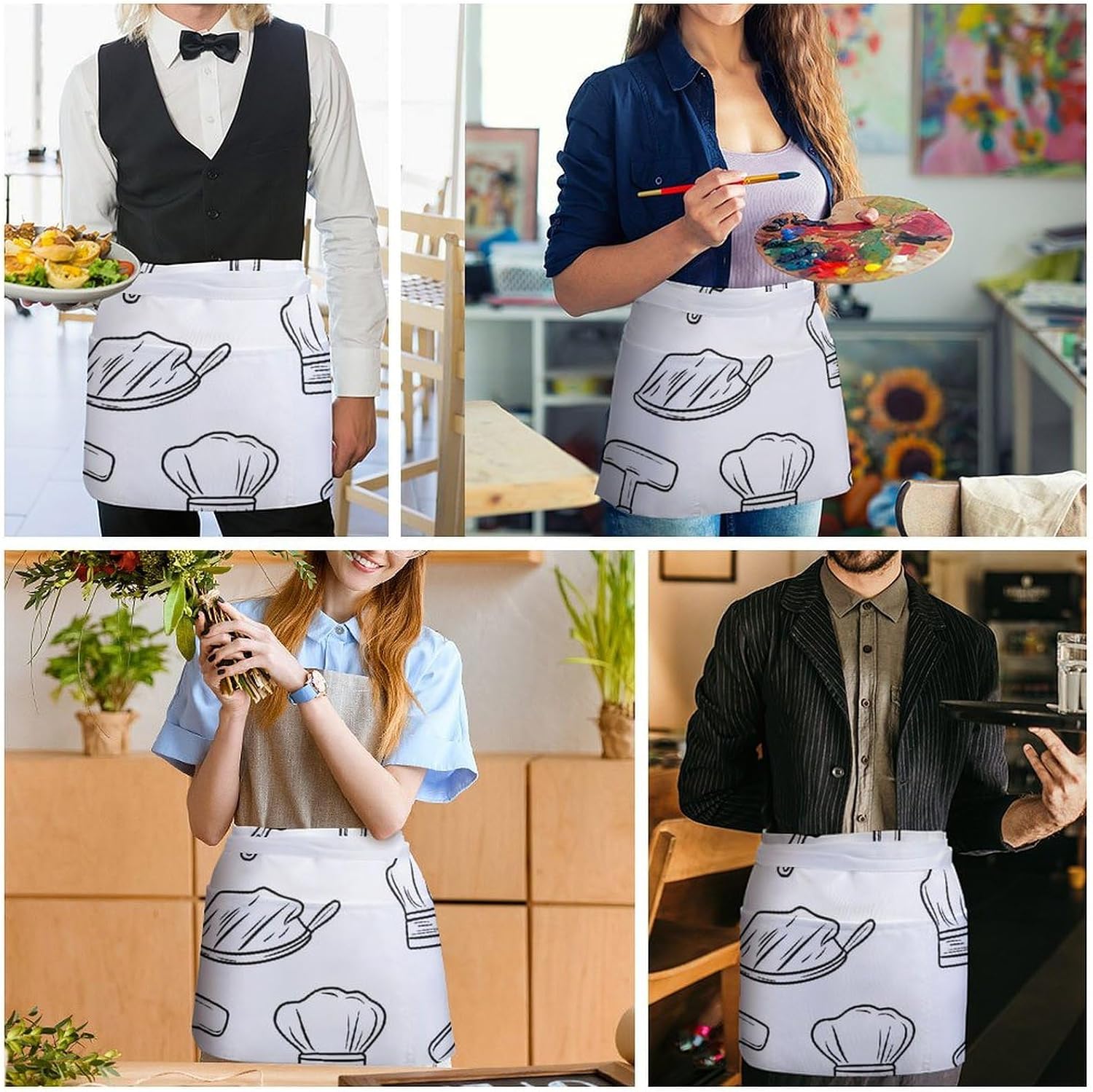 Chef Hat Cooking Tools Waterproof Waist Apron with Pockets Short Aprons for Waitress Waiter Server