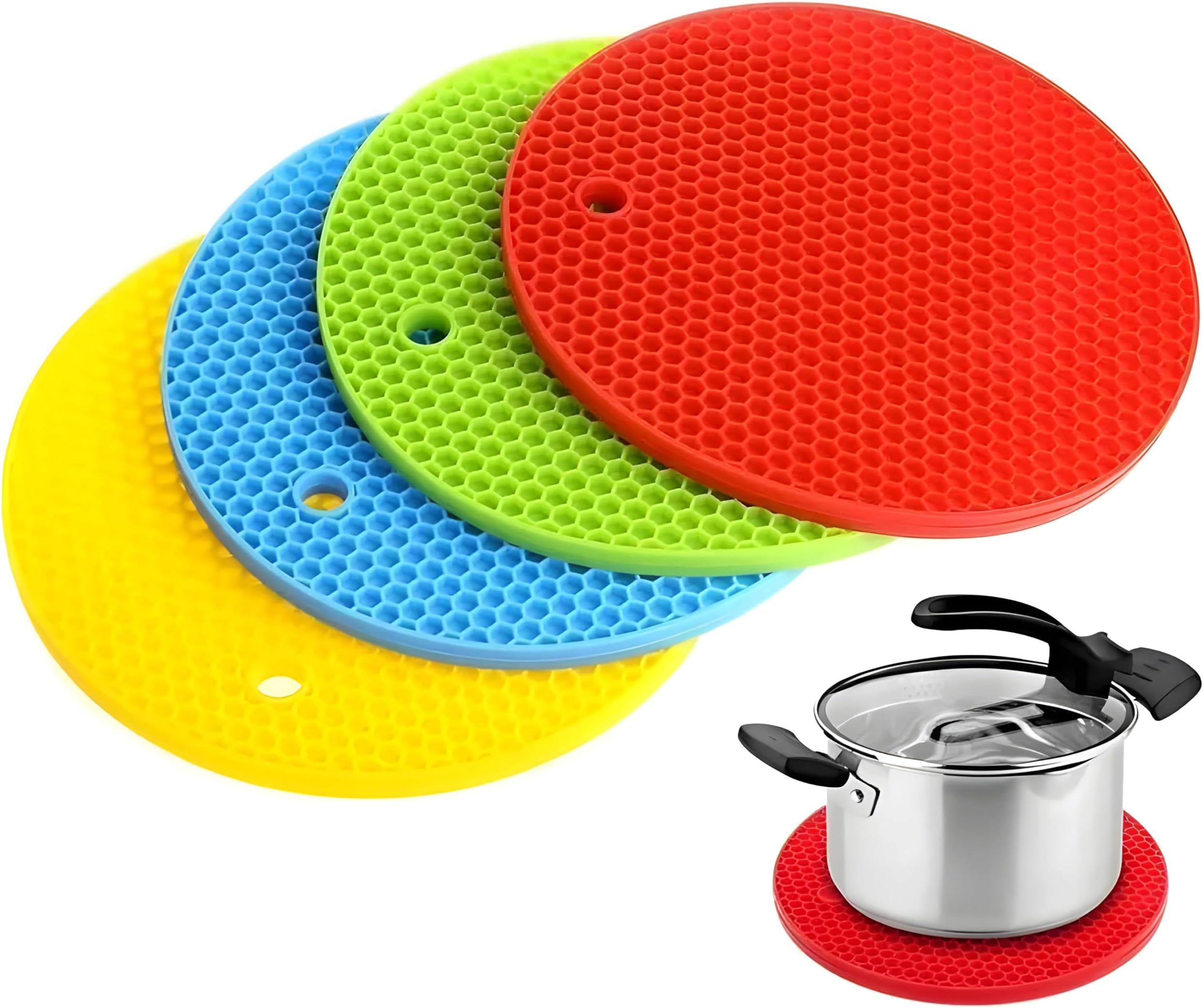 Hian Silicone Heat Resistant Trivet MatsโPremium Food-Grade, Non-Slip, 3mm Thick Pot Holders for Hot Pans & Kitchen Use, Round, Multi-Color, Set of 4