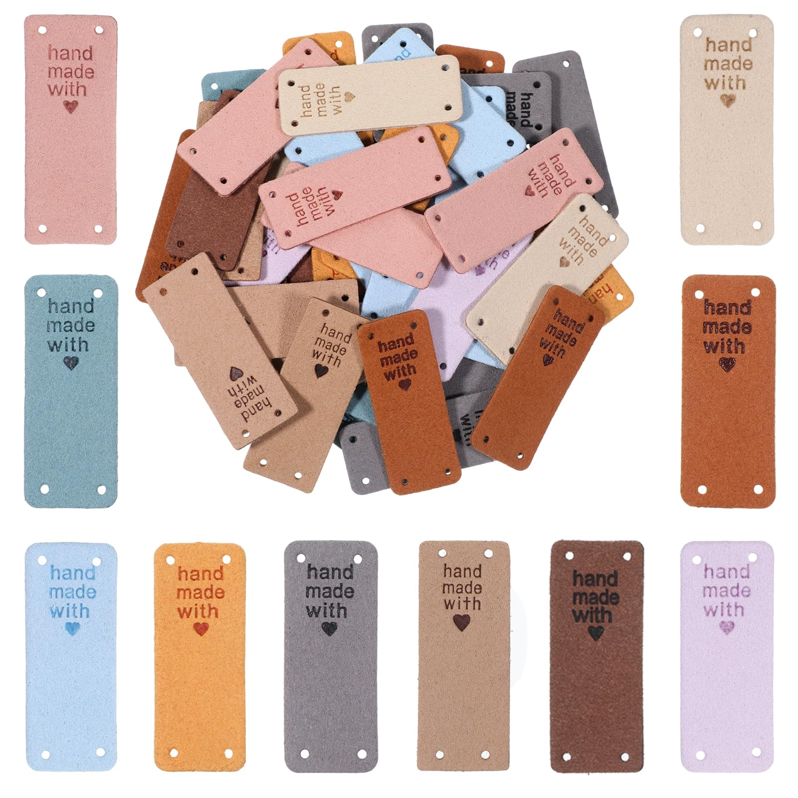 Jeffdad 50 Pcs PU Leather Tags for Handmade Items, Handmade with Love Labels Faux Leather Labels Crochet Tags Embossed Sew on Tag Crochet Knit for DIY Jeans Bags Shoes Hat Clothes-image-4
