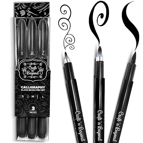 Craft 'n' Beyond Calligraphy Brush Pens Pack of 3 Small, Medium and Large Markers for Hand Lettering, Art Drawing, Sketching, Scrapbooking, Journaling - Beginner Kit with Fadeproof Black Ink - Black- Pack of 3