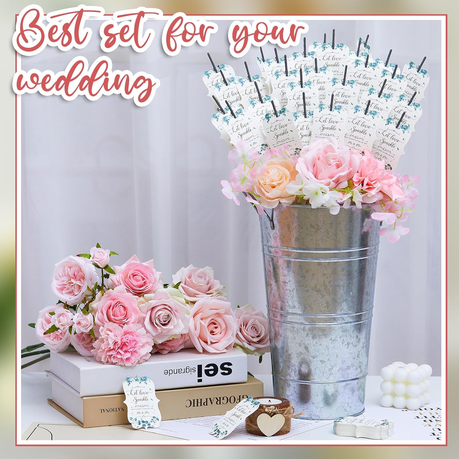 Henoyso Greenery Wedding Sparkler Set Include 150 Pcs Sparkler Tags 1 Acrylic Wedding Send Off Sign with Stand 2 Galvanized Metal Buckets for Table Centerpiece Party Decorations(Silver)