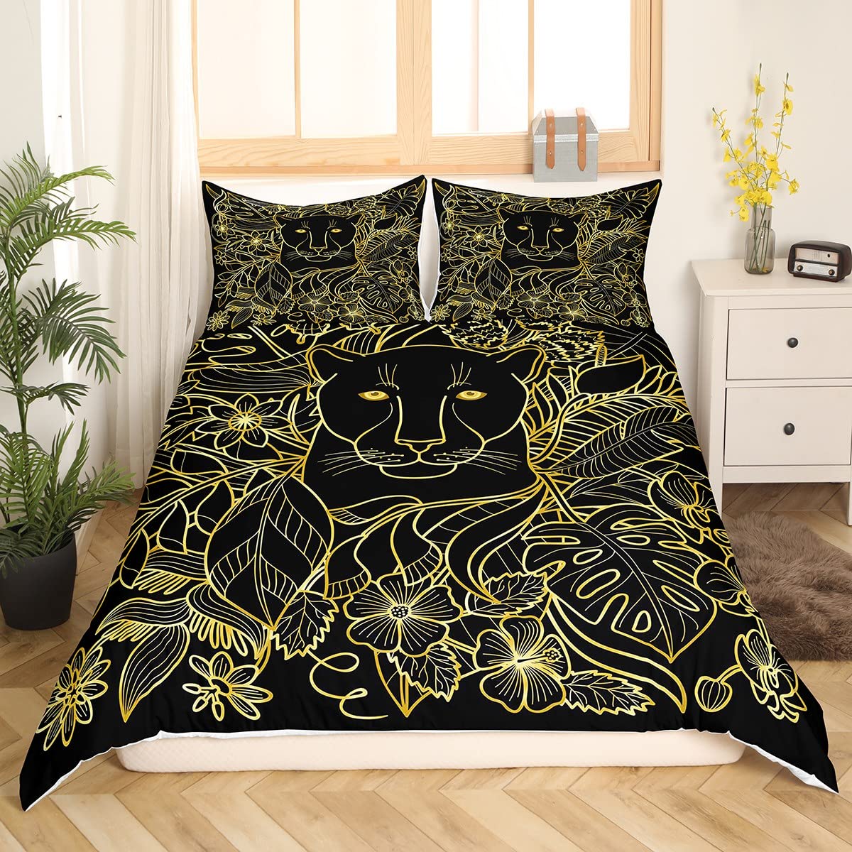 Housse de couette léopard et safari pour lit enfant avec taies d'oreiller motif guépard doré