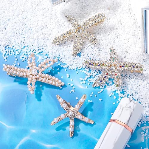 Miniatura 7 de PAGOW 4 pinzas para el cabello con estrellas de mar, pinzas de cristal con perlas de diamantes de imitación doradas, soporte para cola de caballo de