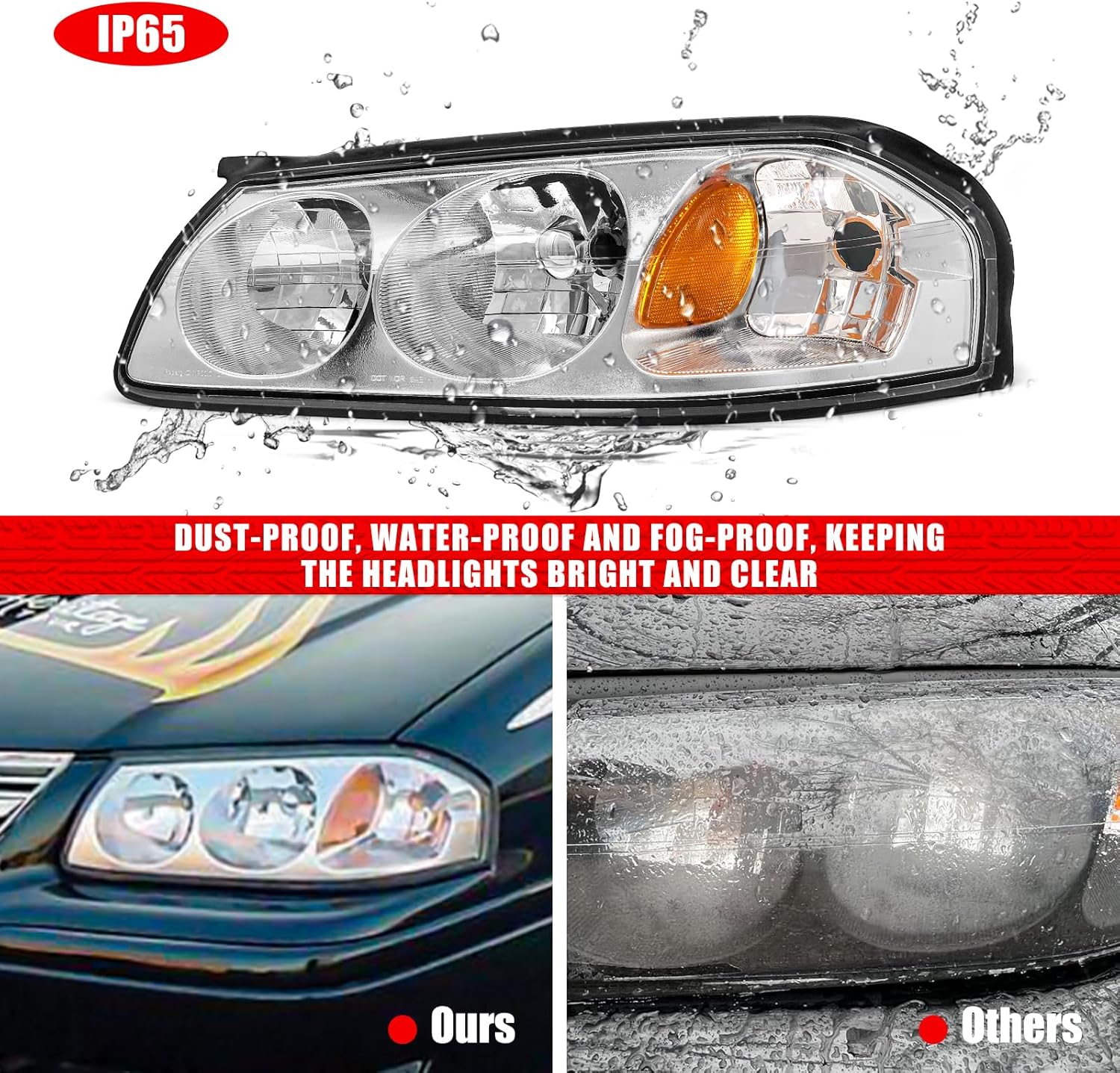 Headlight Assembly for Chevrolet Impala 2000 2001 2002 2003 2004 2005 Chrome Housing Amber Reflector Replacement Pair（W/O Bulbs）
