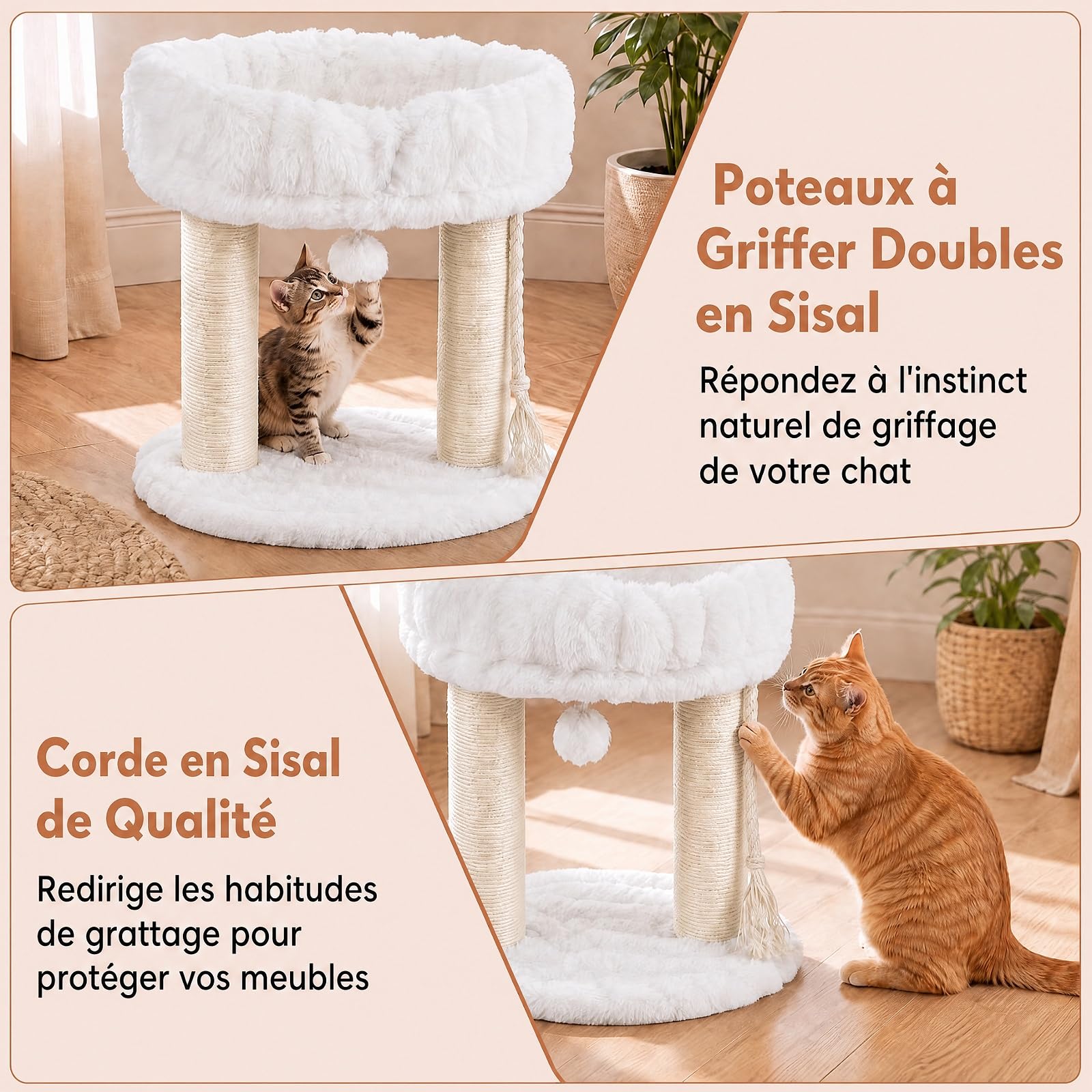 GOPLUS Petit Arbre a Chat à 2 Niveaux, Tour de Jeux pour Chats (Blanc) | Centre d’Activité 40x40x50CM avec Perchoir Rembourré en Peluche, 2 Poteaux Griffoir, Perchoir Doux, Corde et Balle Suspendue