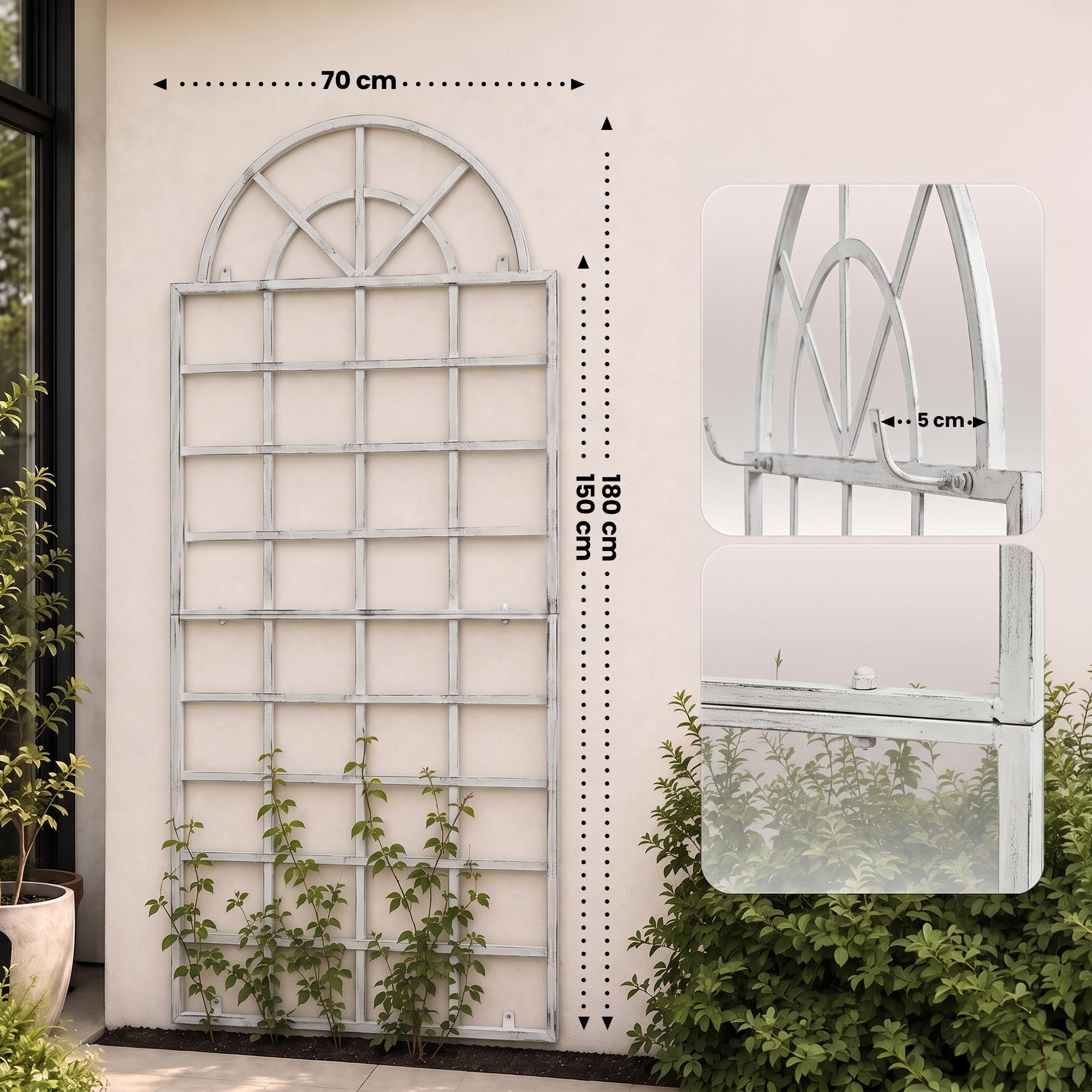 CLP Set De 2 Rejas Viva para Plantas Trepadoras I Dos Soportes Metálicos para Enredaderas I Vallas De Pared, Color:Blanco Envejecido