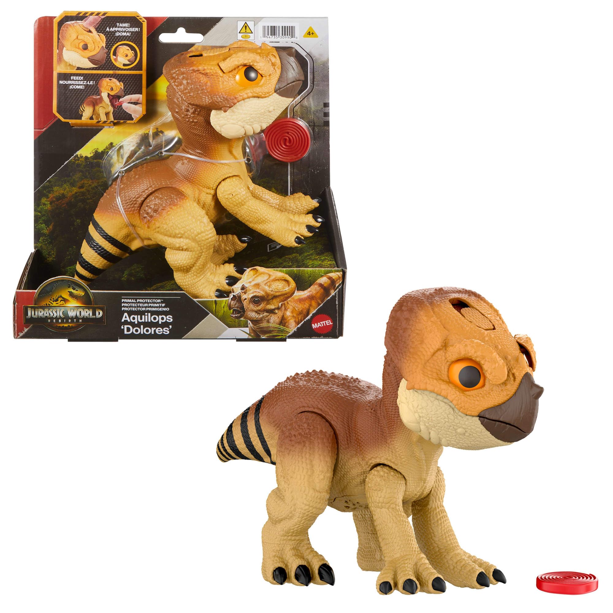 Mattel Jurassic World Rebirth Primal Protector Aquilops Dolores Interactive Dinosaur Toy with Attack Action & Sounds, Pet-Style Electronic Figure with Food Accessory