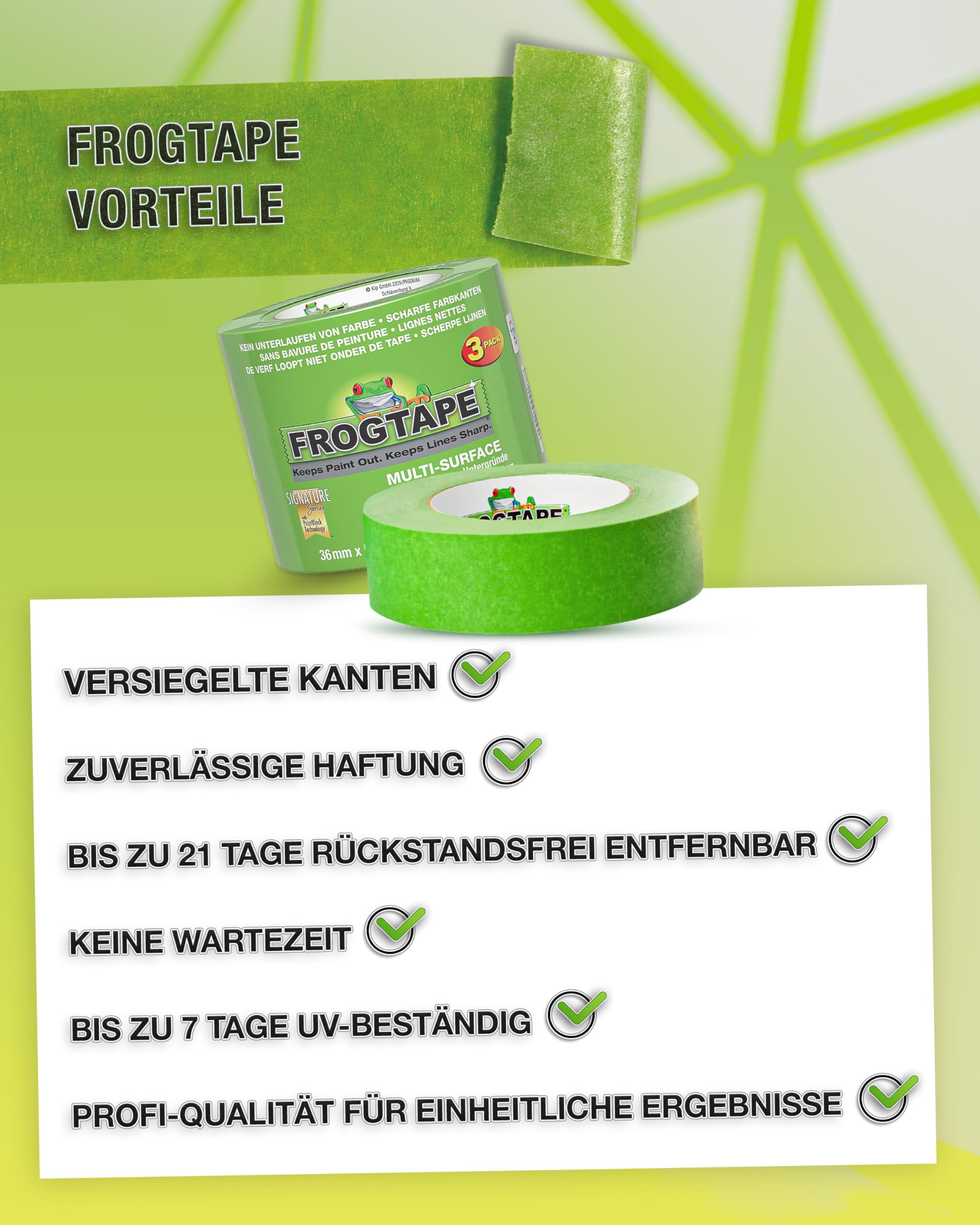 FrogTape Multi Surface Malerband Grün, 36mm x 55m, 3er Set | PaintBlock, viele Untergründe, Holz Glas Metall, Malerkrepp, scharfe Kanten