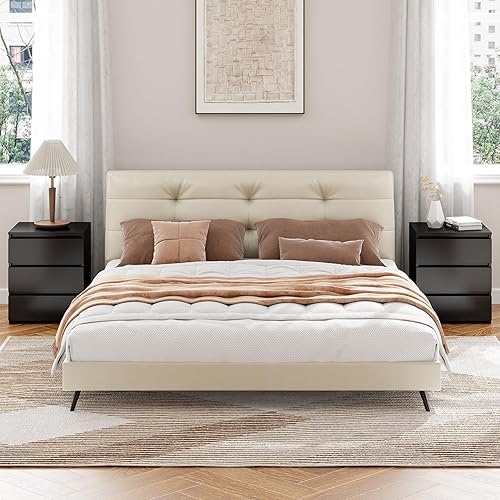 Miniatura 2 de FOTOSOK Juego de 2 mesitas de noche negras con 3 cajones, mesita de noche negra para dormitorio con asa recortada, mesa auxiliar de sofá con 3