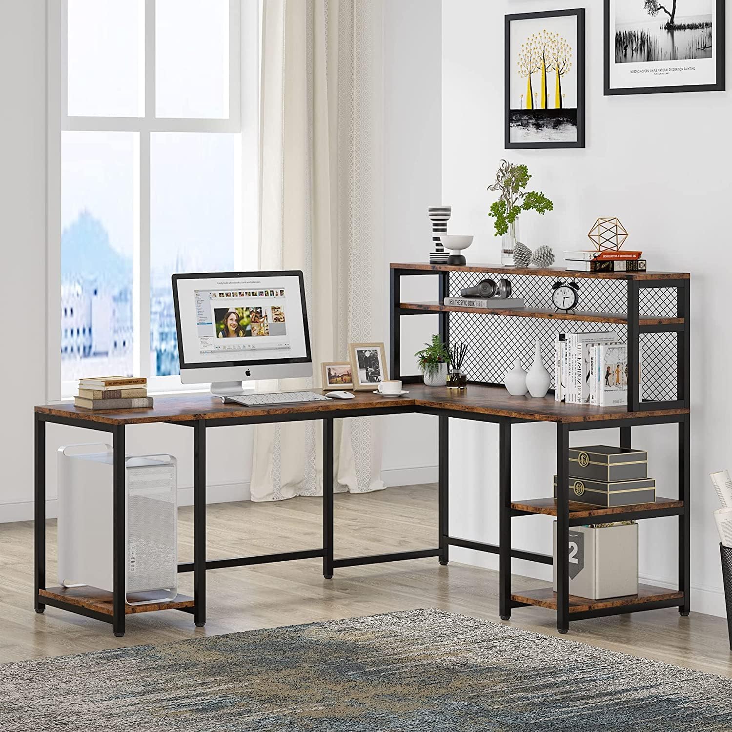 TEKAVO Belvador L Shaped Computer Table for Home with Storage | Corner Desktop l Shape Desk | Brown Wood, Metal (170 cm x 50 cm x 116 cm) | DIY