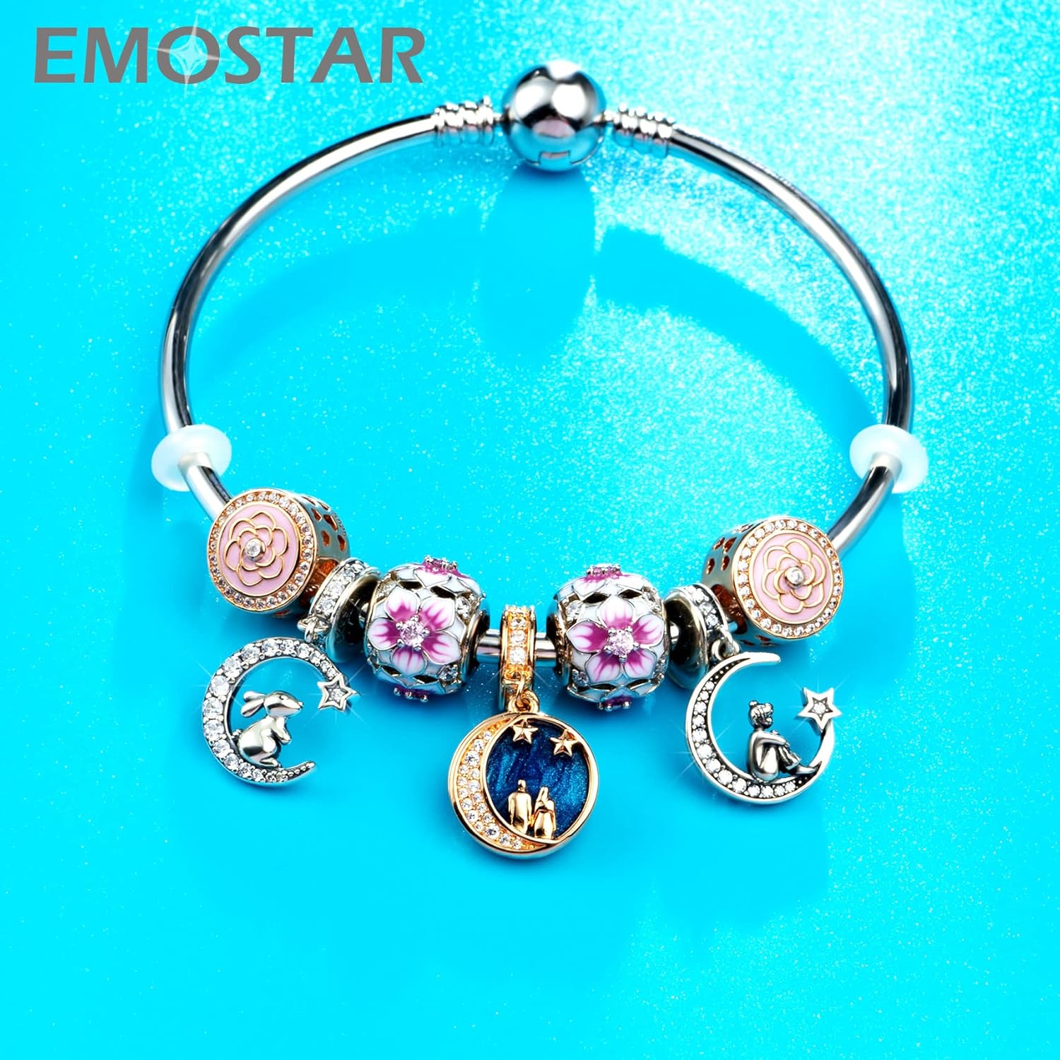 Rose Gold Valentines Day Charms fits European Bracelet, Couple Lovers Charms, My Wife Charm, Heartbeat, Star Crescent Moon Dangle, Knotted Heart Charm in 925 Sterling Silver, Gifts for Mother/Friend
