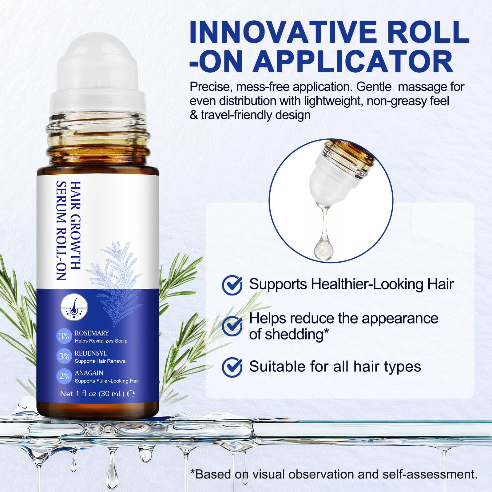 Hair Growth Serum Roll On, Huile et sérum de croissance capillaire au romarin 3%, Redensyl 3%, Anagain 2% - Nourrit les follicules pileux et le cuir chevelu - 30 ml