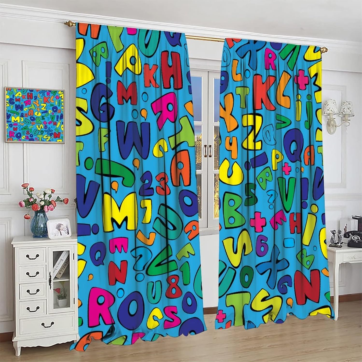 Coloured Letters Curtains,Kids Education Alphabet Pattern Window Treatments for Living Room Bedroom Boys Girls Room Nursery Window Drapes 2 Panel Set Total Size 42" x 45"Blue