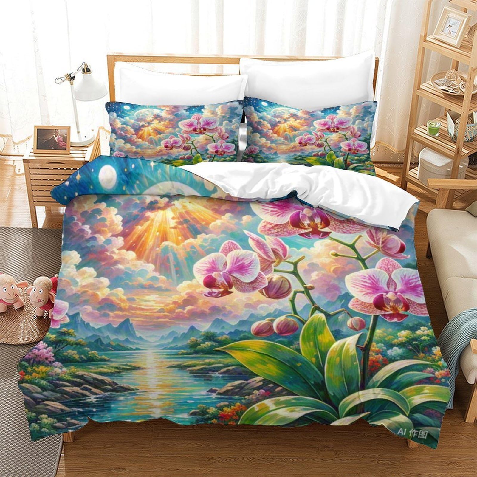 Parure orchidée dendrobium 260x220 cm en microfibre avec housse de couette et taies