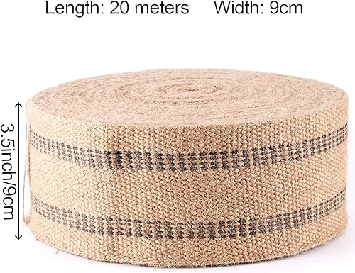 Miniatura 2 de ZOENHOU Cincha de yute para tapicería de 3.5 pulgadas x 21.8 yardas, cincha de yute grueso para muebles, correas naturales con rayas negras para
