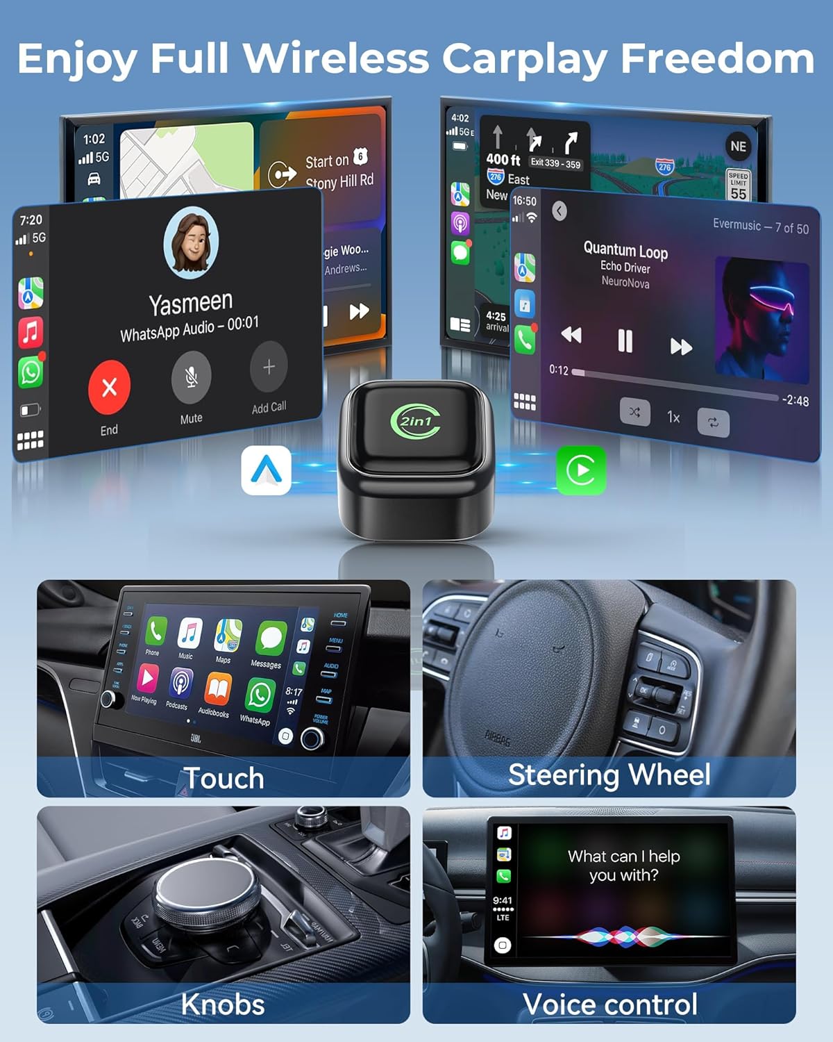 Wireless CarPlay Adapter, Convert Wired to Wireless, 2-in-1 CarPlay & Android Auto, Mini Plug & Play, Fast Auto-Connect & No Latency, USB/USB-C for Cars with Built-in CarPlay & iOS 10 /Android 11