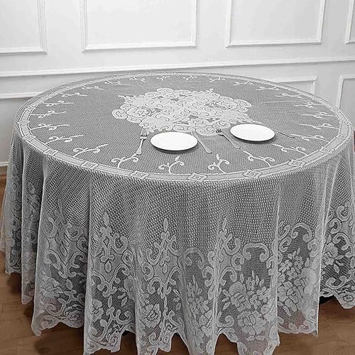 Miniatura 7 de Tableclothsfactory Mantel redondo de encaje marfil de 120 pulgadas para banquetes, fiestas, bodas, eventos, decoración del hogar