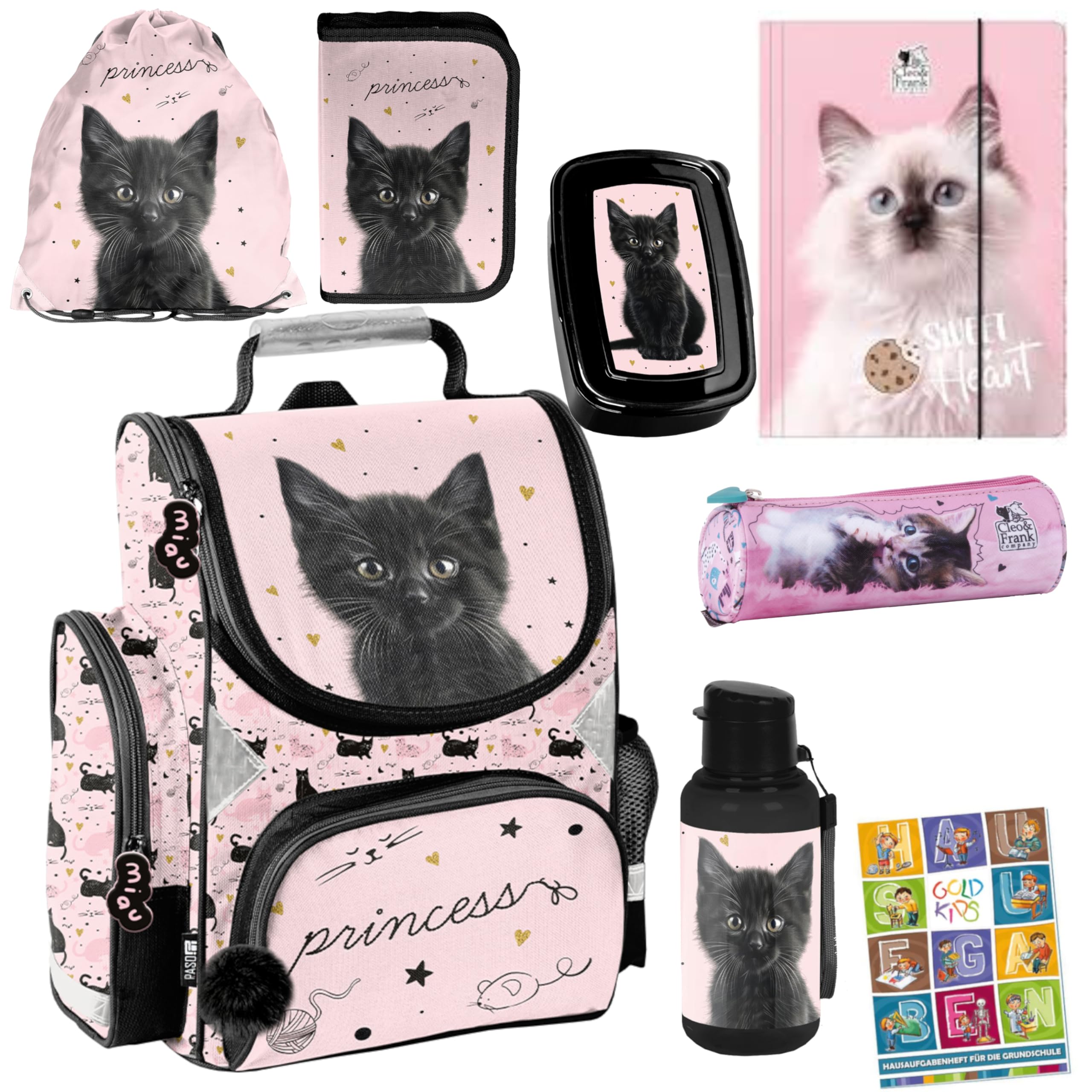 PASO- Schulranzen für Jungen und Mädchen, 8er-Set - Schul-Rucksack für Kinder mit Federmäppchen - Schuhbeutel Trinkflasche und Brotdose - Katze Motiv- 1-3 Klasse