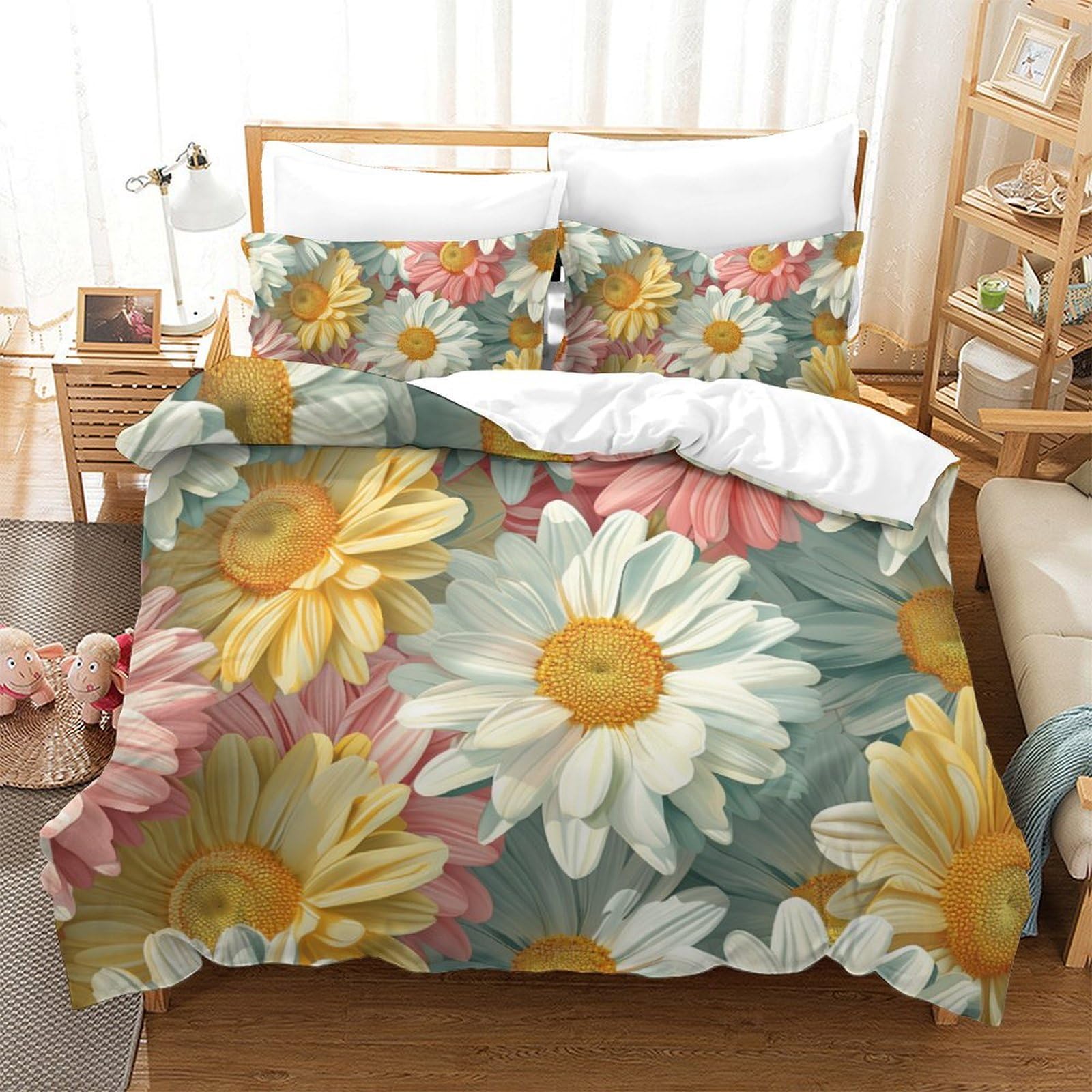Housse de couette daisy 260x220 de 3pcs parure de lit microfibre 3D enfants ados