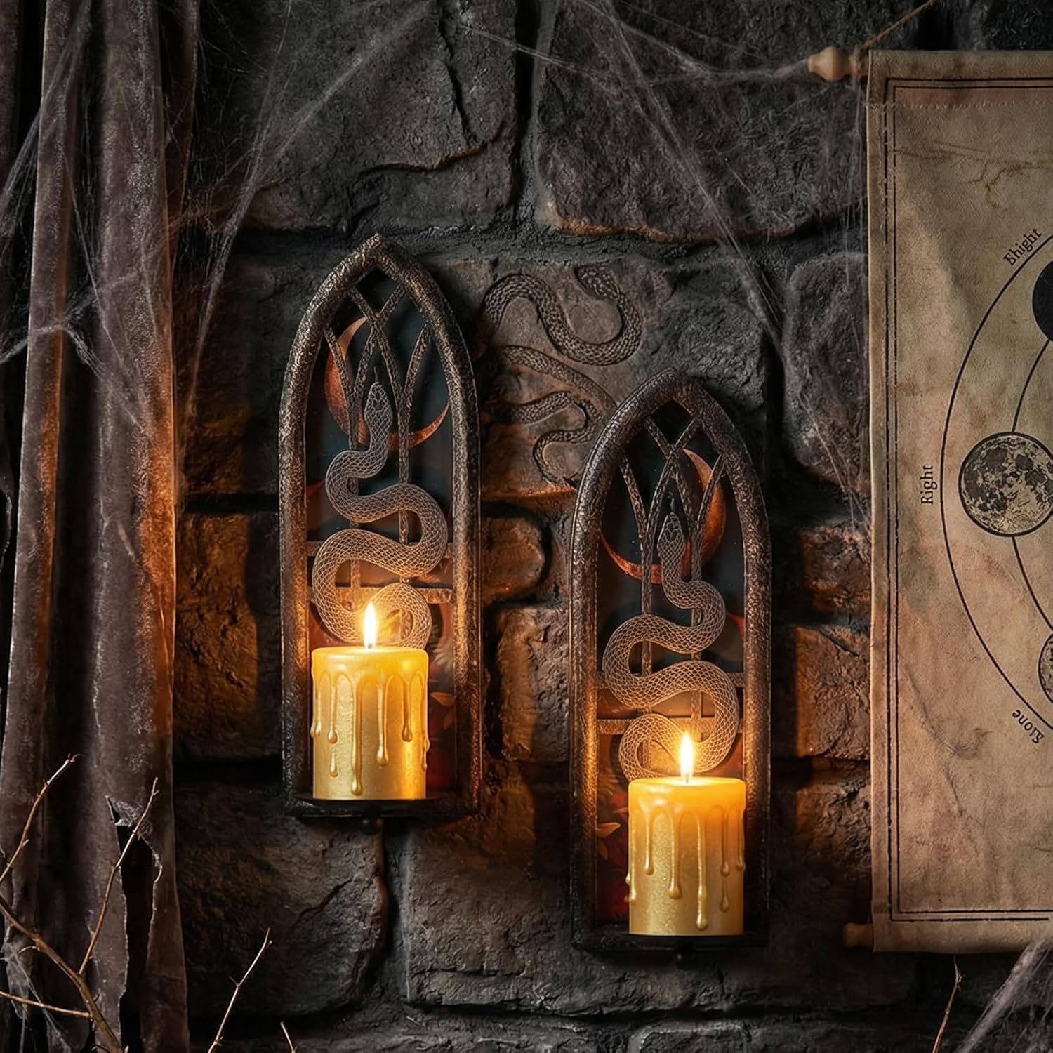 Gothic Wall Candle Sconces Set of 2, Snake and Moon Iron Wall Mounted Candelabra Holder with Removable Trays for Taper & Pillar Candles, Natural Aesthetic Boho Art Hanging Design Decor