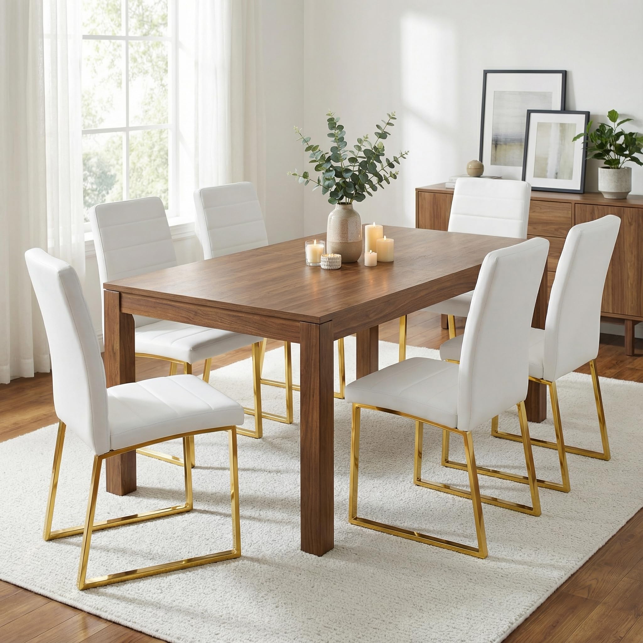 Hommoo Dining Chairs Set of 6, Faux Leather Upholstered Kitchen Chair, Padded Seat Armless Dining Room Chair with Gold Metal Leg, Modern Dinner Chairs for Restaurant Living Room White