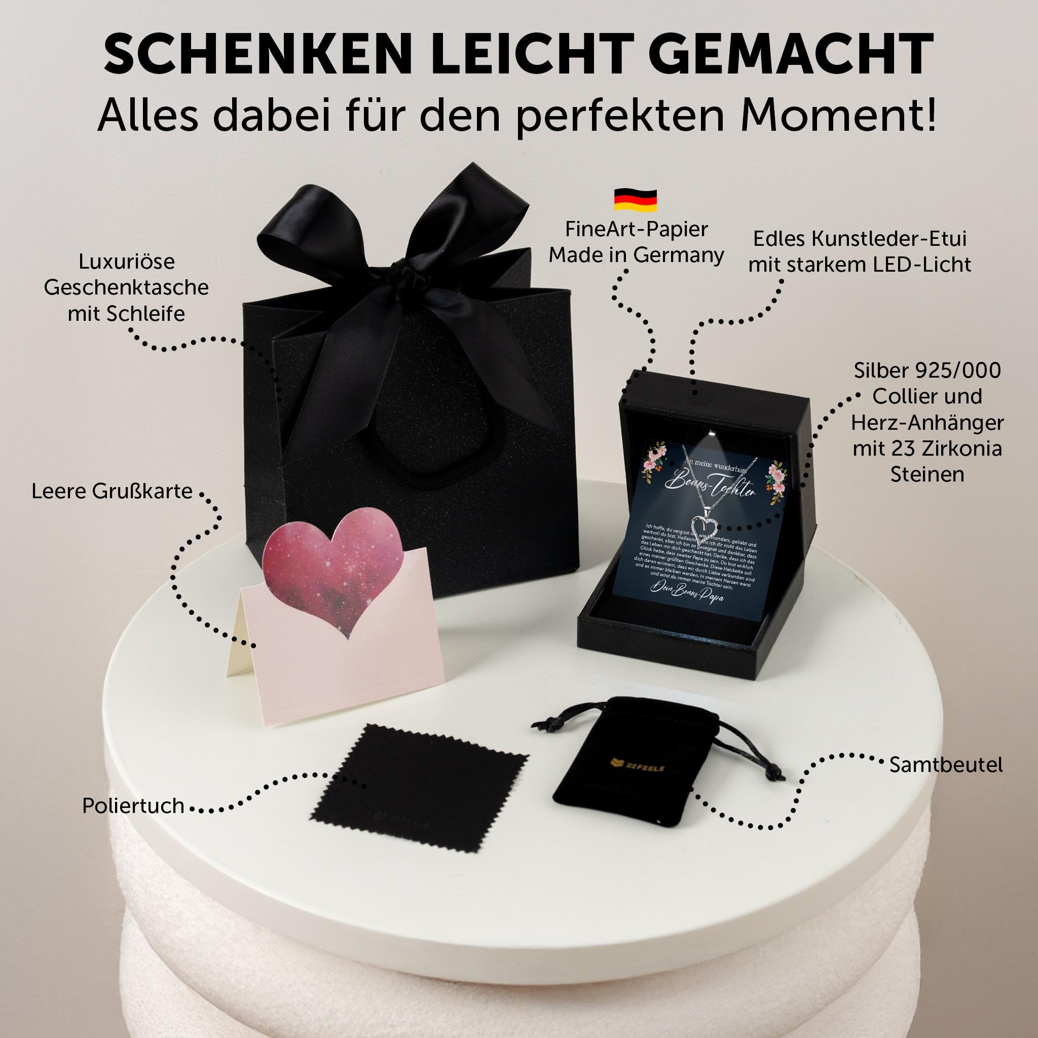 Stieftochter Geschenk von Stiefmama - Silber 925/000 Herz Halskette - Bonus Tochter Geburtstag 18. Konfirmation Firmung Weihnachten Abitur Bachelor Master - Karte Premium LED Licht Etui