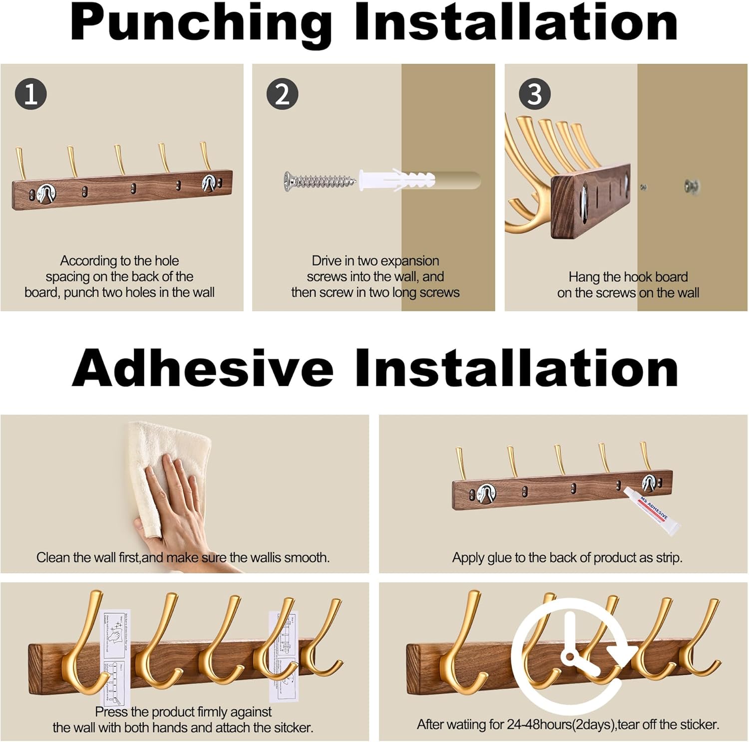 2 Pack 17.3" Walnut Wood Coat Rack Wall Mount with 5 Hooks, Heavy Duty Wooden Jacket Hanger Door Mounted for Decorative Entryway Bathroom Hanging Towel Backpack Purse Hat Key Satin Gold