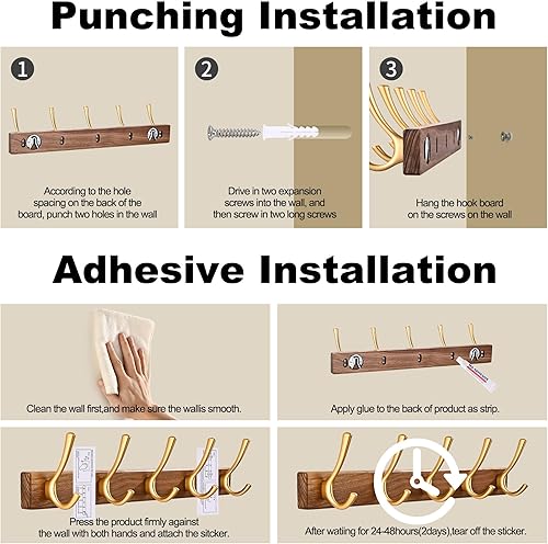 Miniatura 29 de Juego de 4 ganchos de pared de madera de nogal, montados adhesivamente y con montaje en pared, resistentes, decorativos, con doble gancho de madera