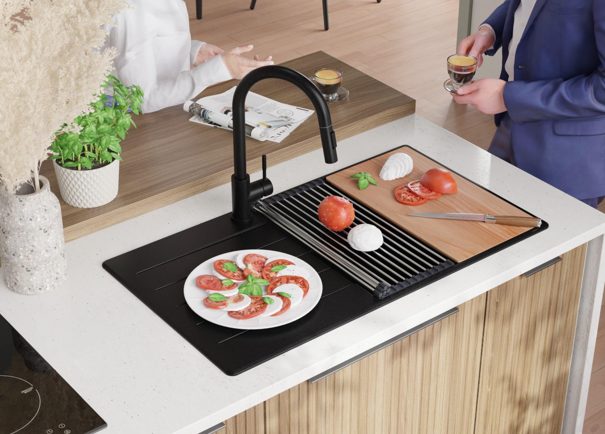 PRIMAGRAN Lavandino da Cucina Tutto Nero 90x50cm, Lavello in Granito a 1 vasca + Rubinetto 40x20cm + Set di accessori, Lavabo da Cucina Incasso al Mobile 60cm - Copenhagen Top S734