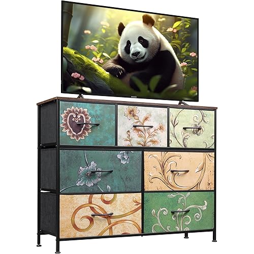 WLIVE 7 Drawer Dresser TV Stand, Entertainment Center, Media Console Table with Metal Frame and Wood Top for TV up to 45 inch, Chest of Drawers for Bedroom, Living Room, Floral Painted