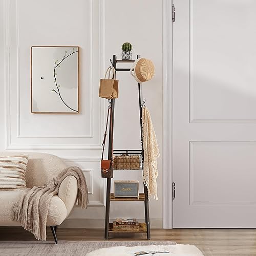 Miniatura 4 de VECELO Perchero independiente, soporte de ropa de entrada con cesta de metal y 2 estantes, árboles de pasillo mejorados con 8 ganchos dobles para
