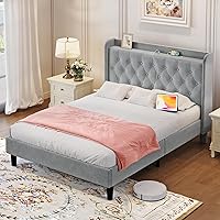 Vista 112 de koorlian Base de cama Queen con cabecero, base de cama tapizada ajustable con puertos tipo C y USB, cabecera de almacenamiento con respaldo de ala