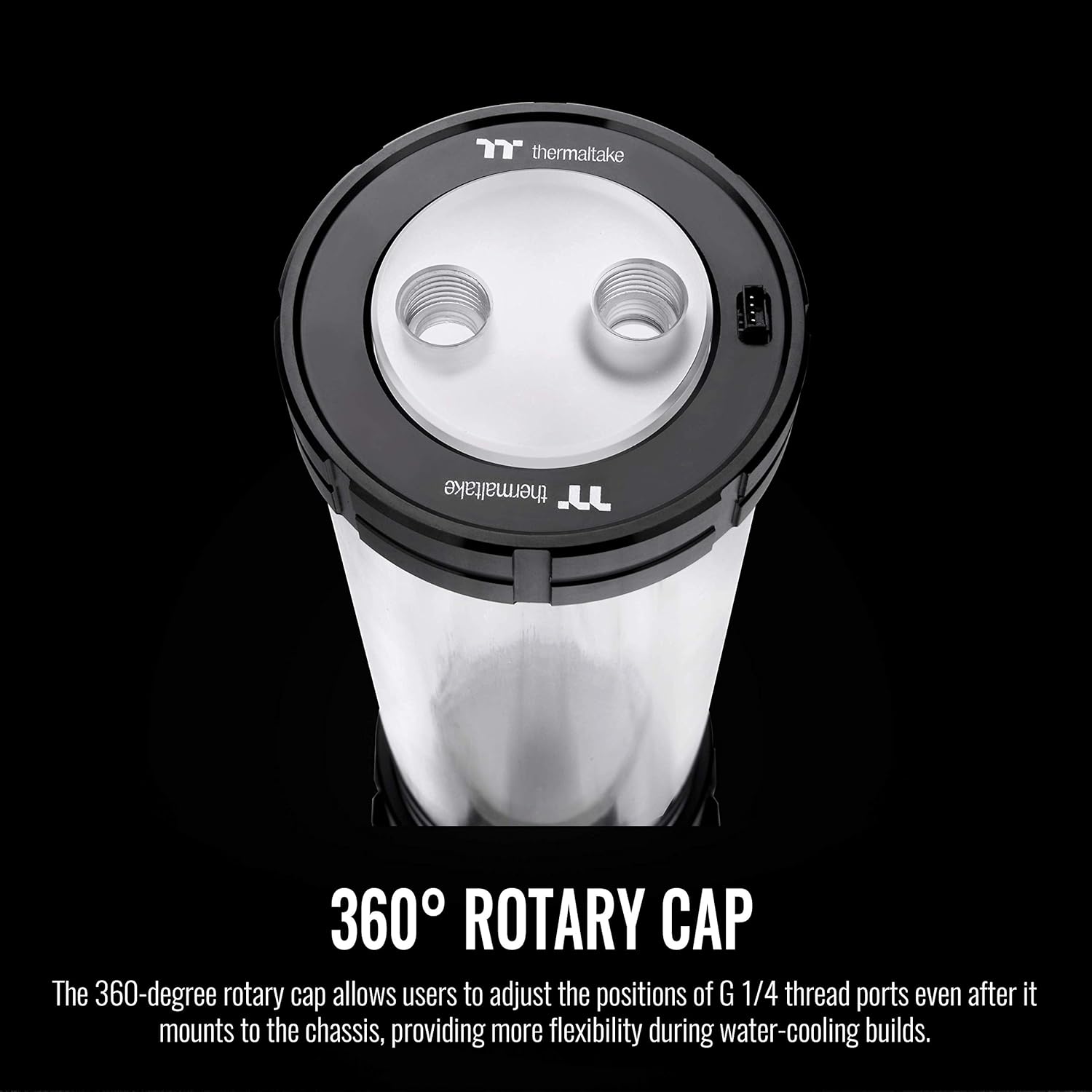 Close-up of the 360-degree rotary cap on the Thermaltake Pacific PR32-D5 Plus, showing G1/4 inch thread ports.