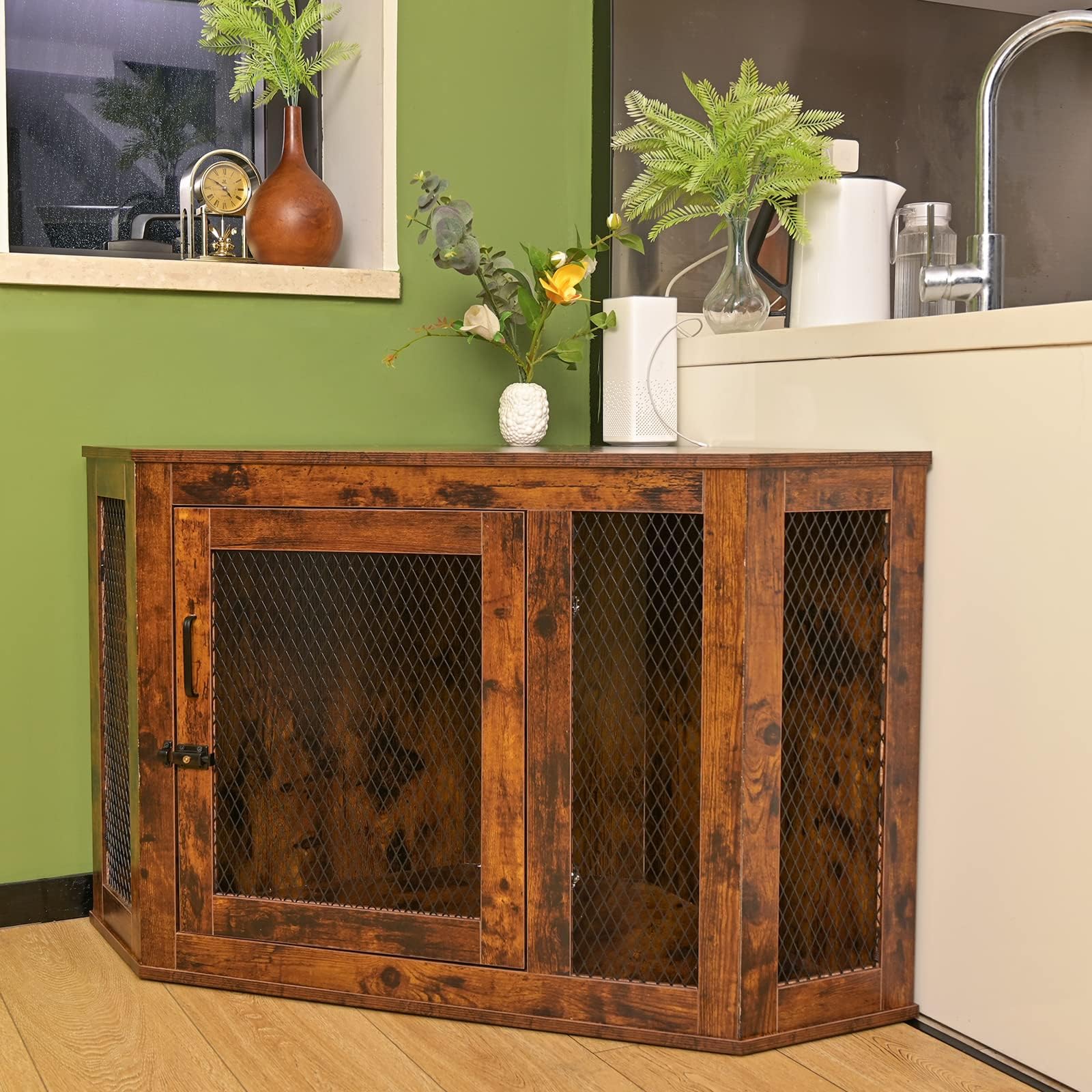 JinruisFurniture Corner Dog Crate, Wooden Dog Kennel with Door, End Table Large Pet Crate Dog House Cage Indoor Use (Brown)