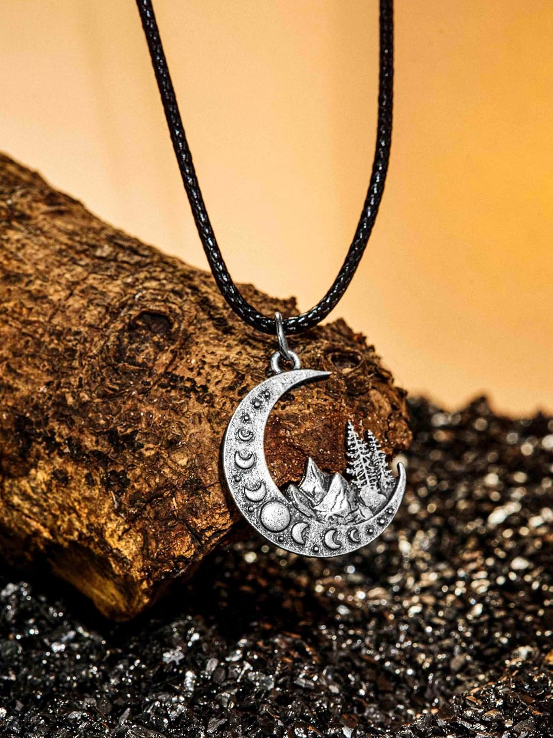 HAQUIL Moon Phase Necklace Necklace, Crescent Moon Mountain Pendant, Faux Leather Cord, Jewelry Gift for Men and Women - Image 3