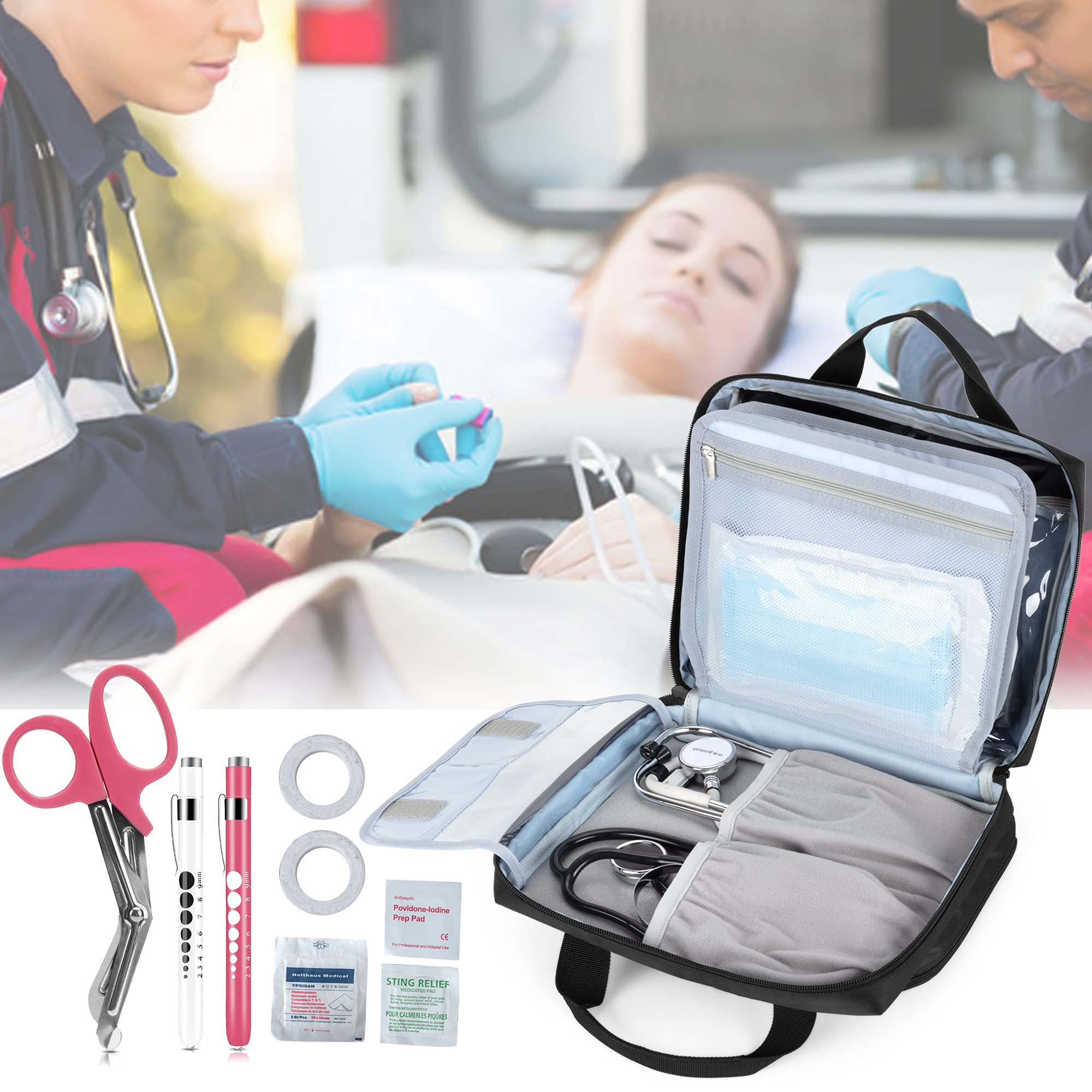 Trunab Sac Stethoscope Etui Stéthoscope, Compatible avec 3M Littmann/MDF/ADC et Autres Accessoires, Trousse Premier Secours Vide, Trousse Pharmacie avec Plusieurs Pochette, Noir