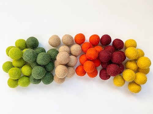 2.5 cm handmade felt balls - Wholesale Bulk Quantity 50 - Fall Leaf Colors Pumpkin, Cranberry, Gold, Almond, Lime, Dark Green - 100% Wool Poms for