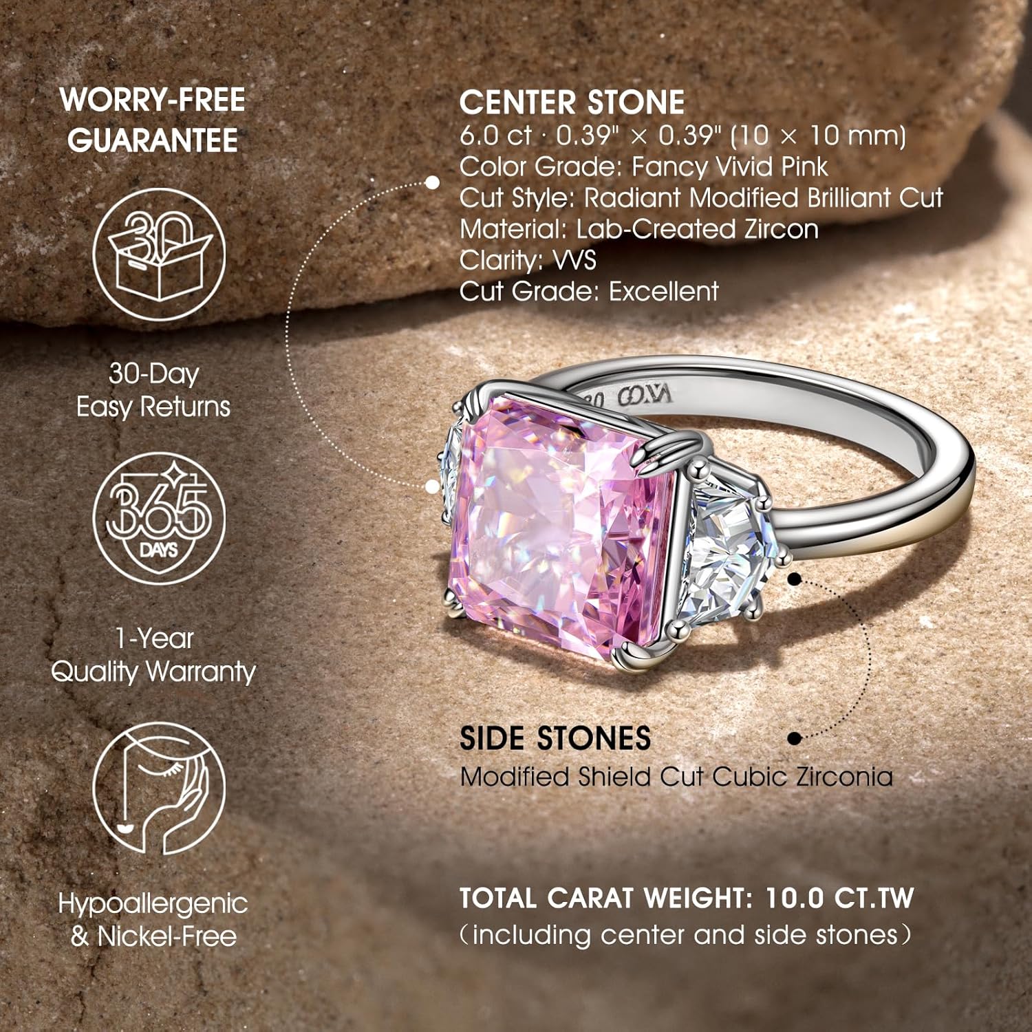 GONA 6CT Pink Diamond Ring for Women, VVS Brilliant Cut 10x10MM Three Stone Ice Gemstone, Tarnish-Resistant Silver Setting Elegant Engagement, Anniversary, Wedding and Promise Jewelry Gift - Image 3