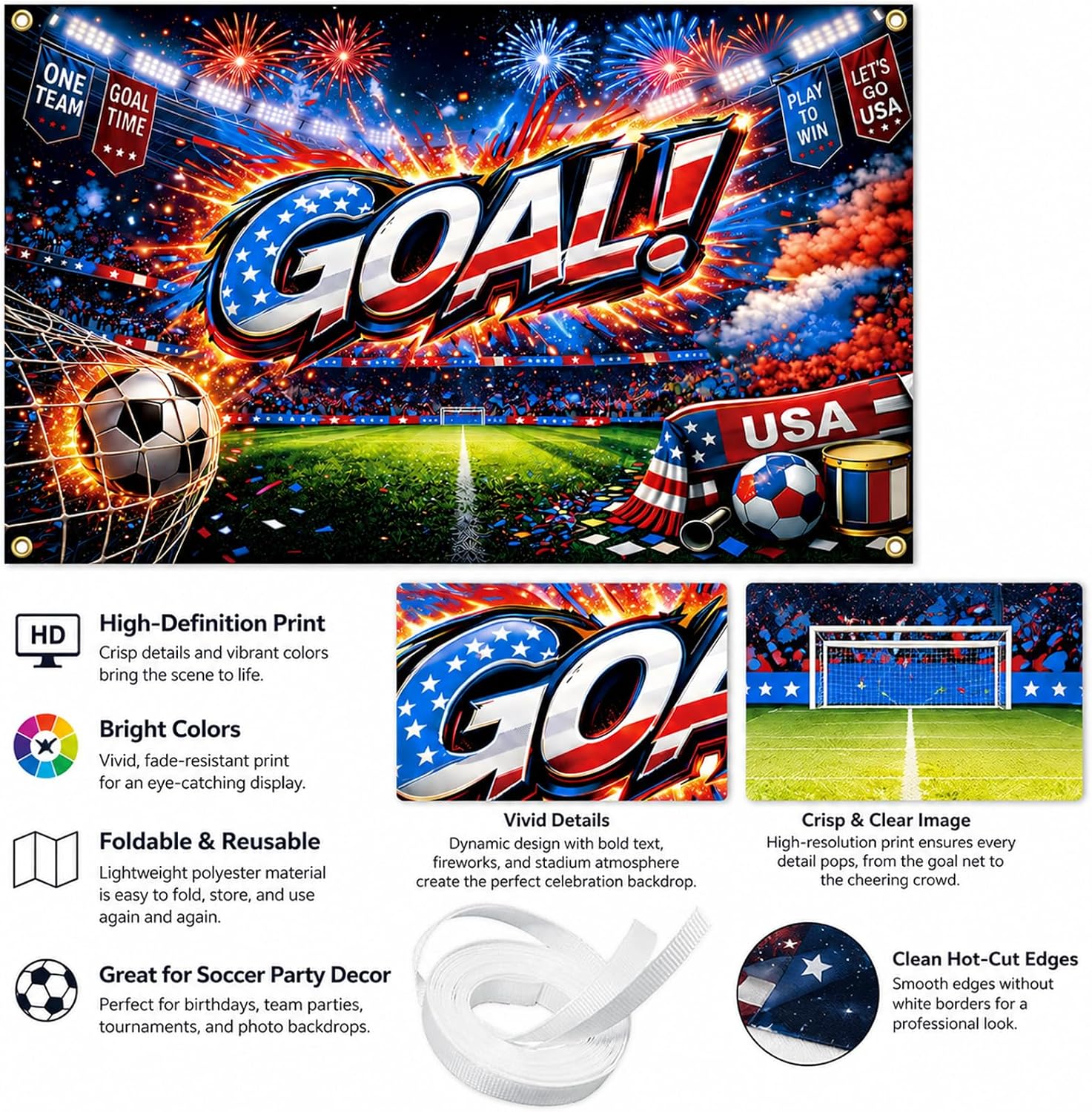 USA Soccer Decorations Banner, Team USA Decorations, American Football Themed Decor, American Soccer Themed Decorative Banner for US Party Decorations, 71 x 43 Inch